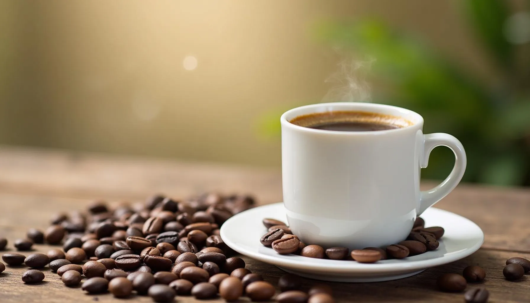 A steaming cup of maca coffee surrounded by scattered coffee beans on a wooden surface.