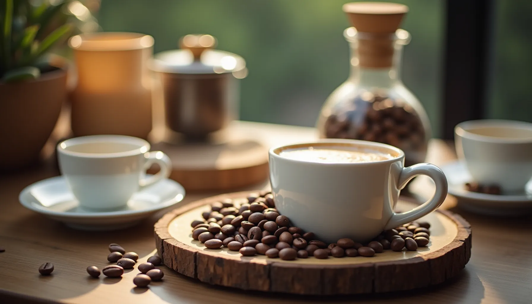 A steaming cup of brash coffee sits attractively on a wooden platter surrounded by coffee beans.