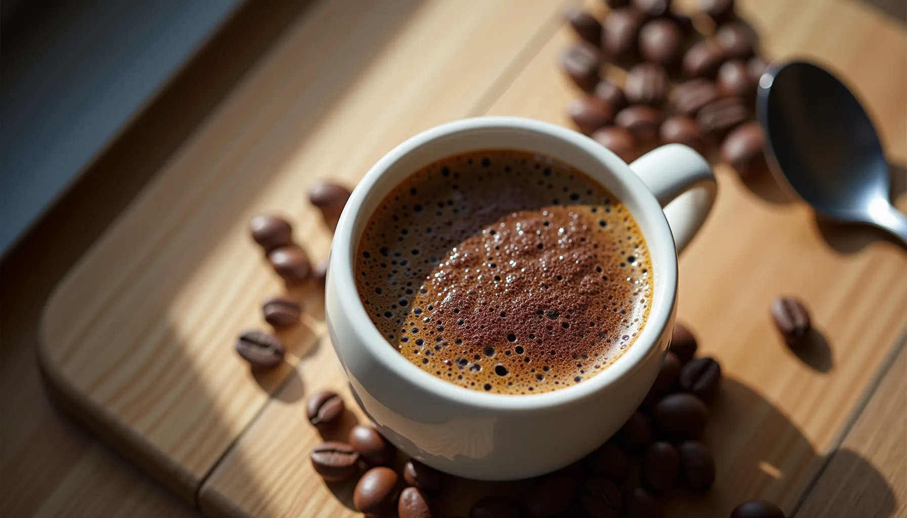 Cup of coffee surrounded by beans, prompting the question: where does coffee come from?