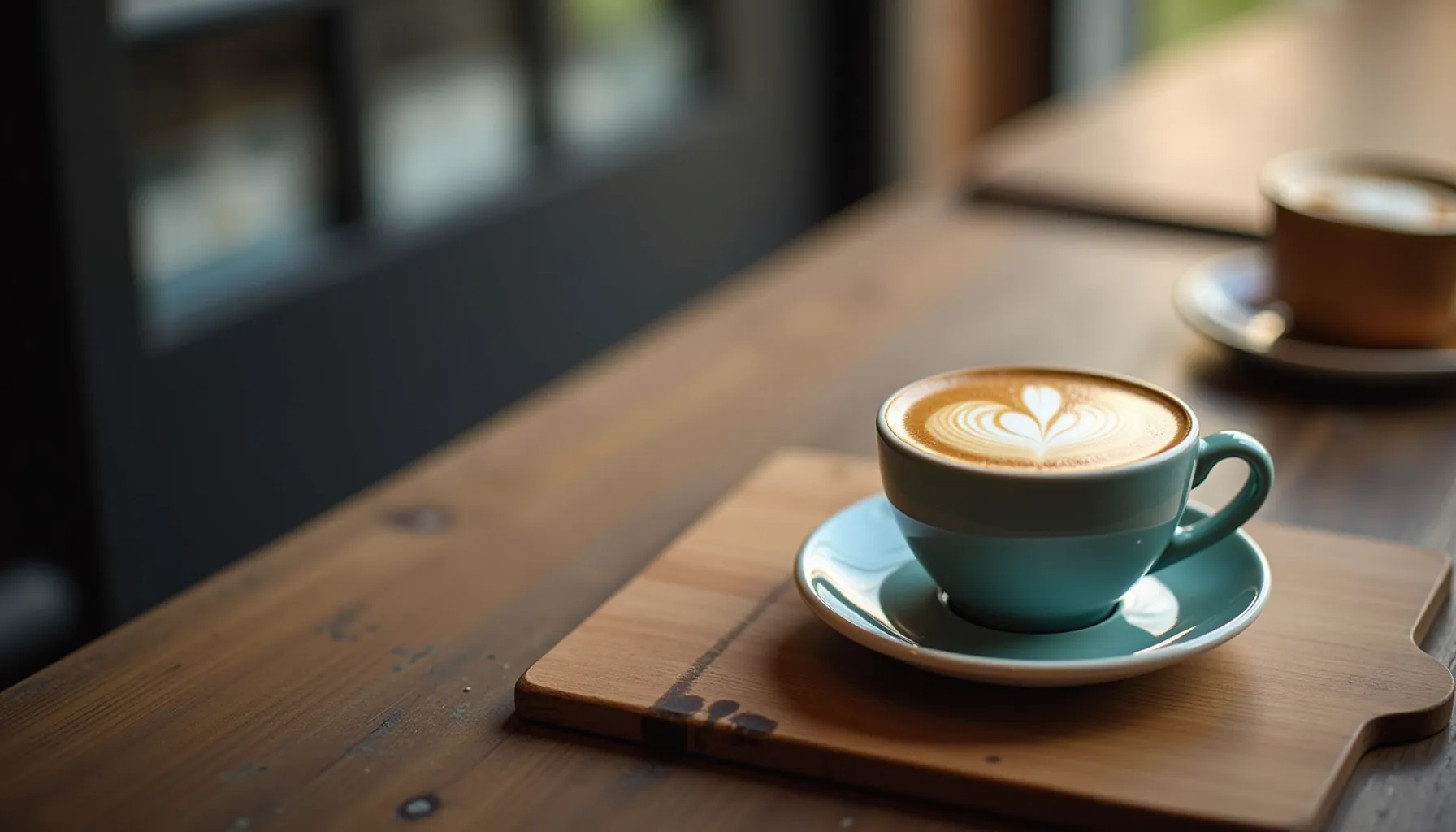 A beautifully crafted cup of rad coffee with latte art sits on a wooden table in a cozy café.