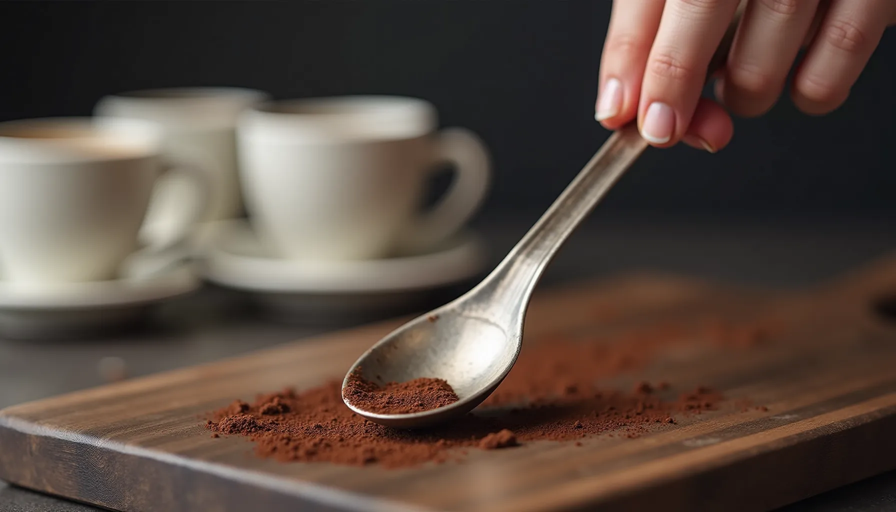 A hand holds a coffee spoon, carefully measuring out coffee grounds on a wooden surface.