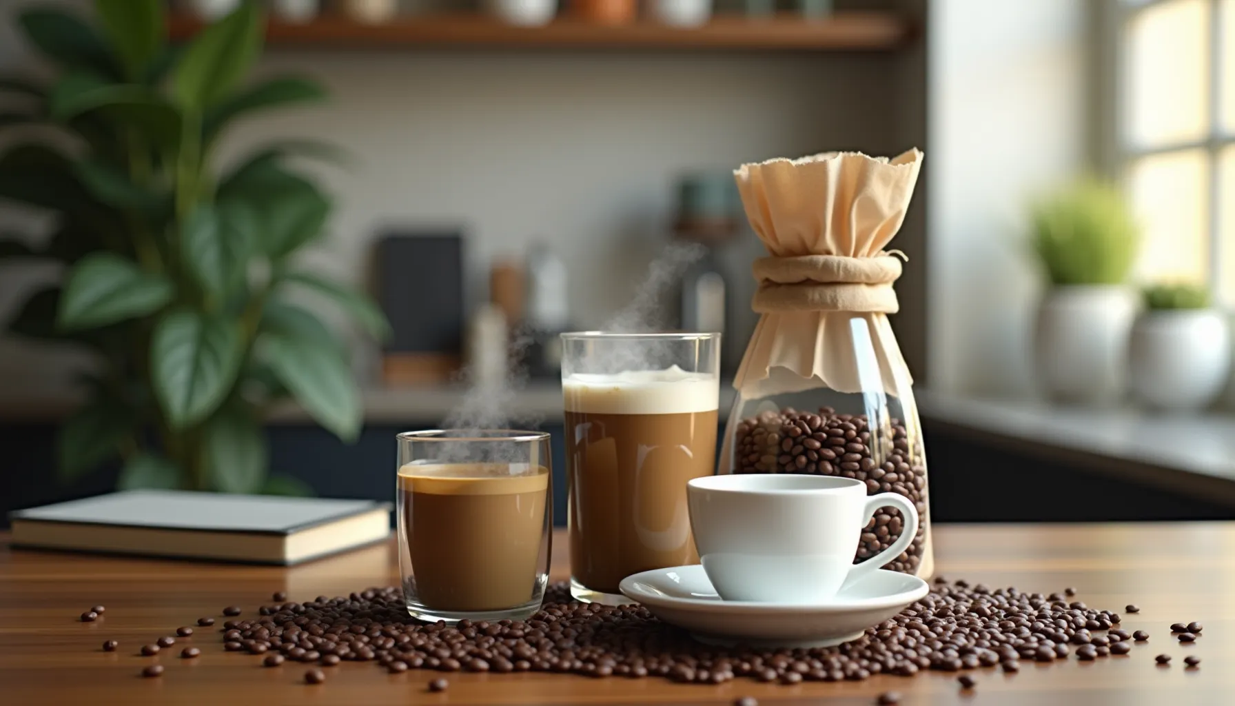 An artistic display illustrating how coffee is made with brewed coffee, beans, and equipment.