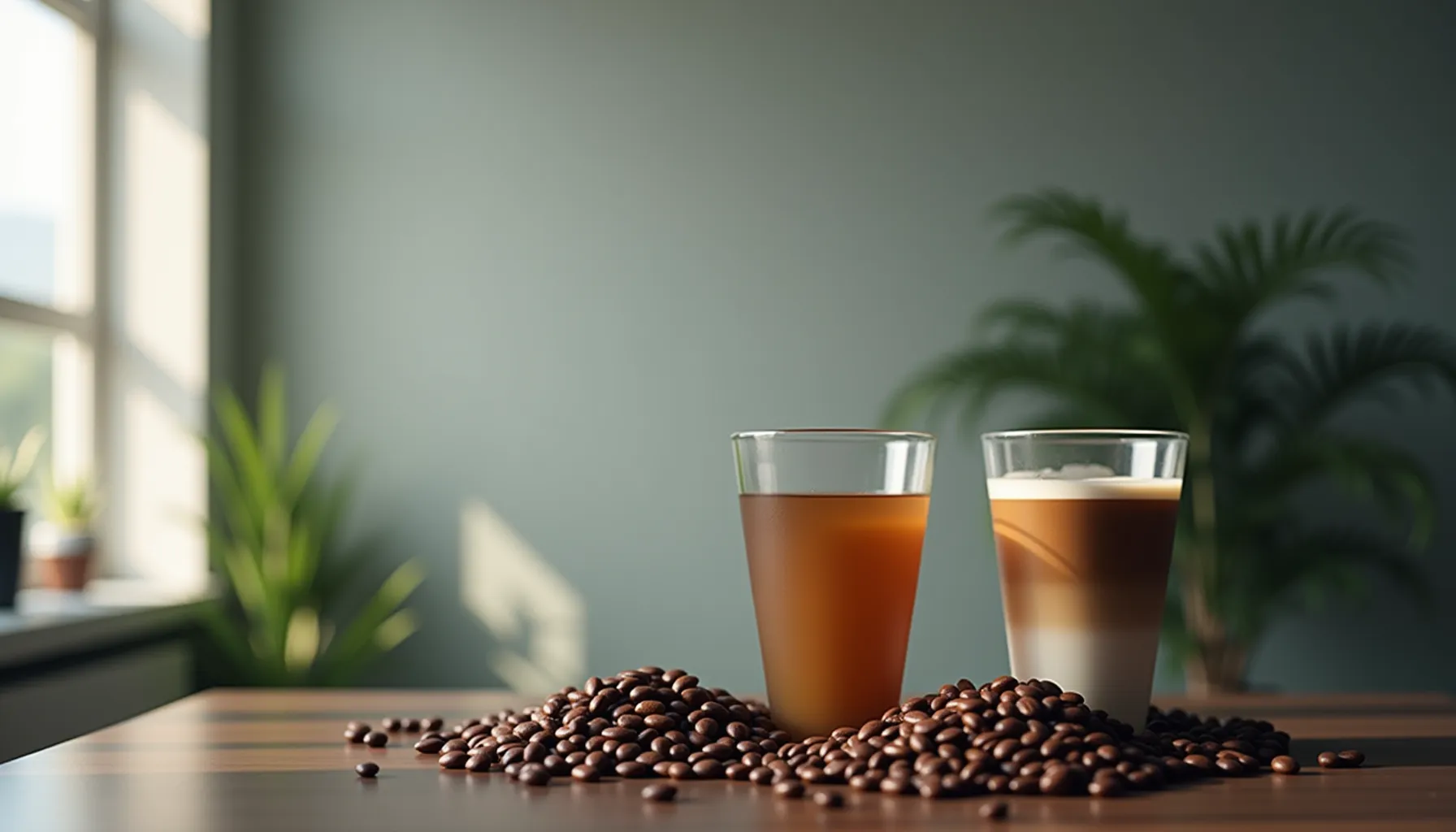 Two glasses of slate coffee sit atop a wooden table surrounded by scattered coffee beans.