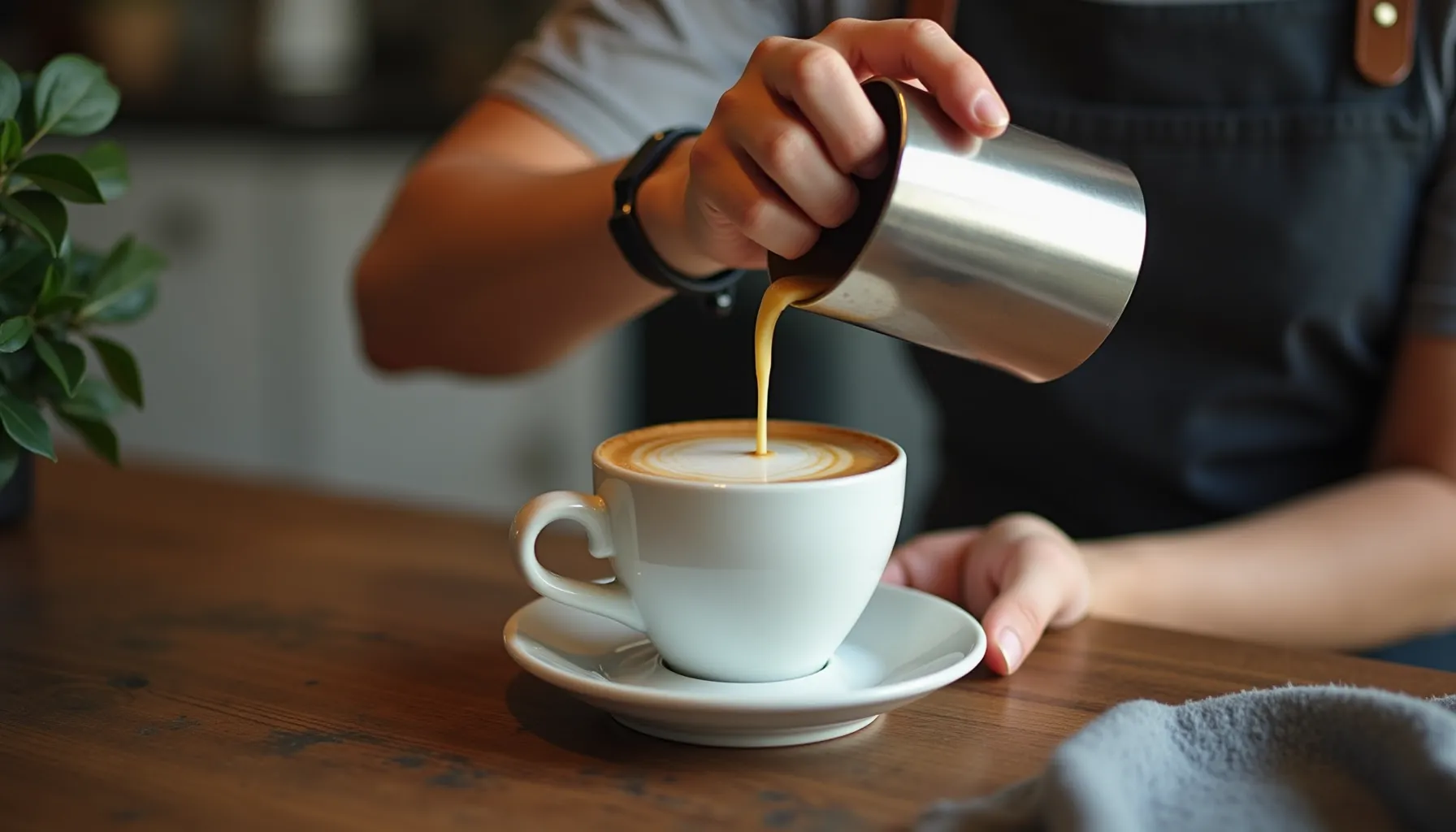 A barista skillfully pours creamy milk into a cup of cortadito coffee on a wooden table.