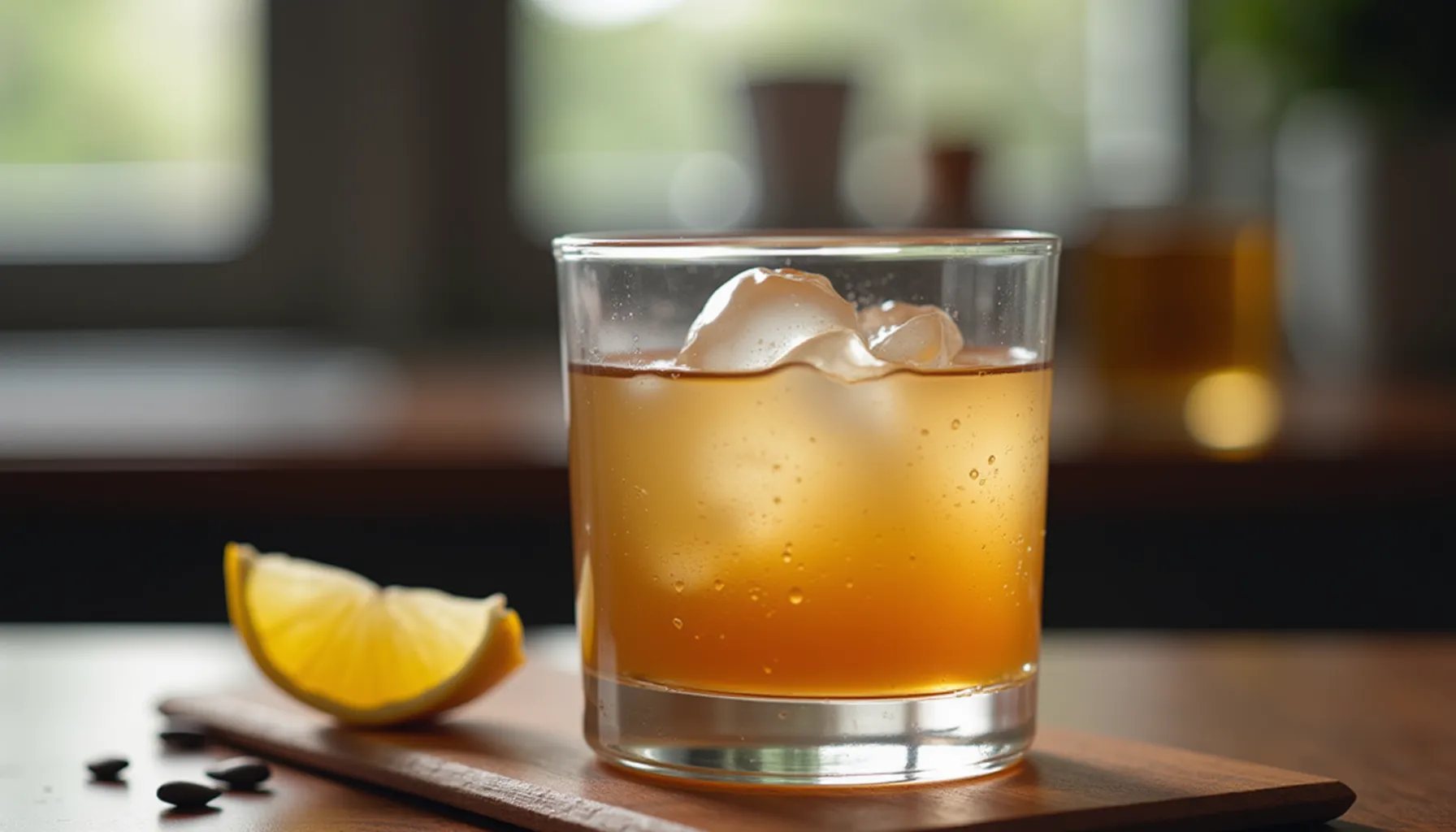 A refreshing beverage with ice and lemon, perfect for a coffee patron on a warm day.