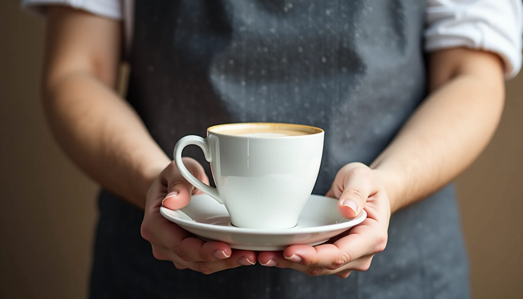 A person holds a cup and saucer of winans coffee, showcasing its elegant presentation.