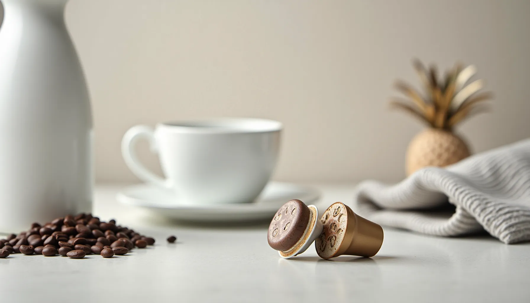 Coffee pods for Keurig are shown beside a cup, with coffee beans scattered in the background.