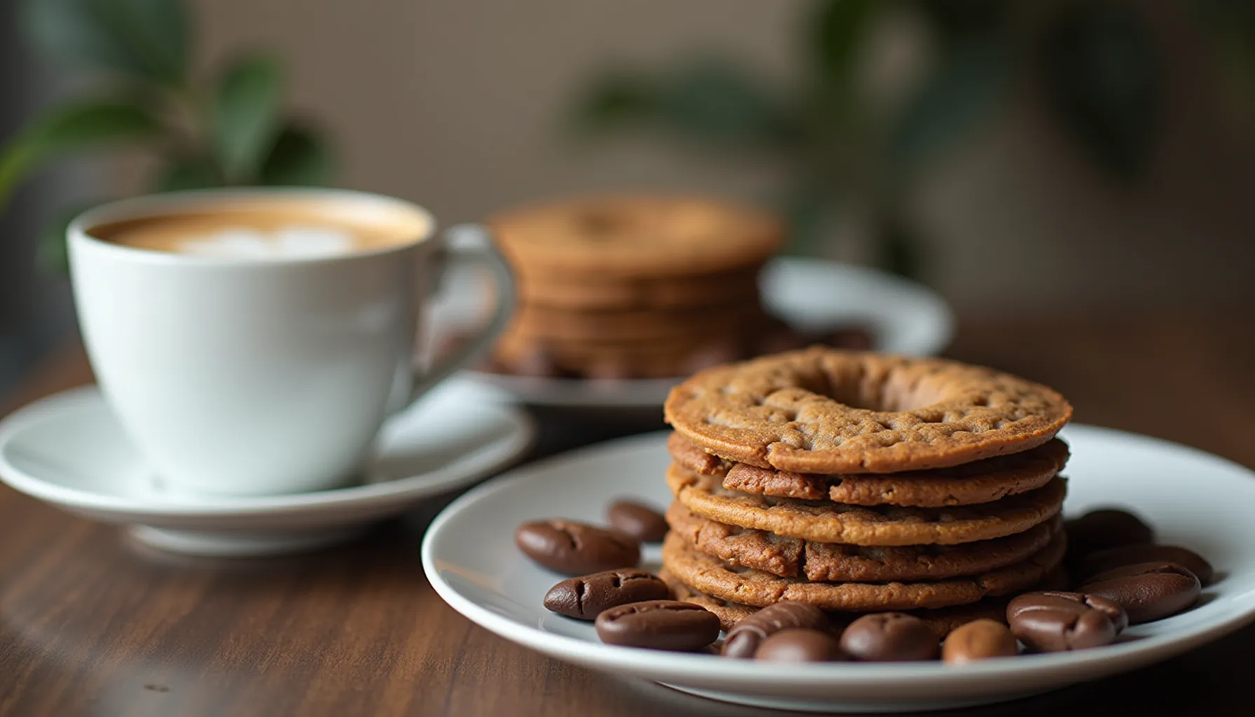 A cup of monster coffee sits next to a plate of cookies and coffee beans on a wooden table.