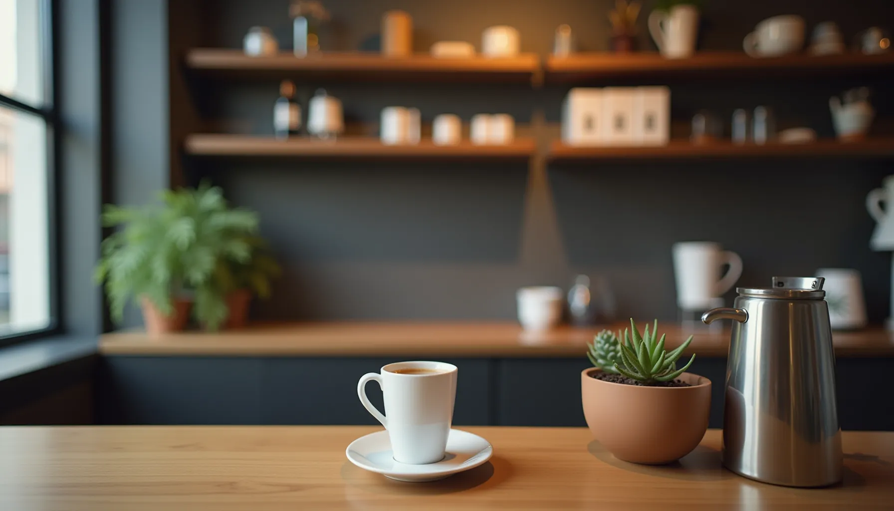 A warm cup of aroom coffee rests on a wooden table beside a potted succulent and a kettle.