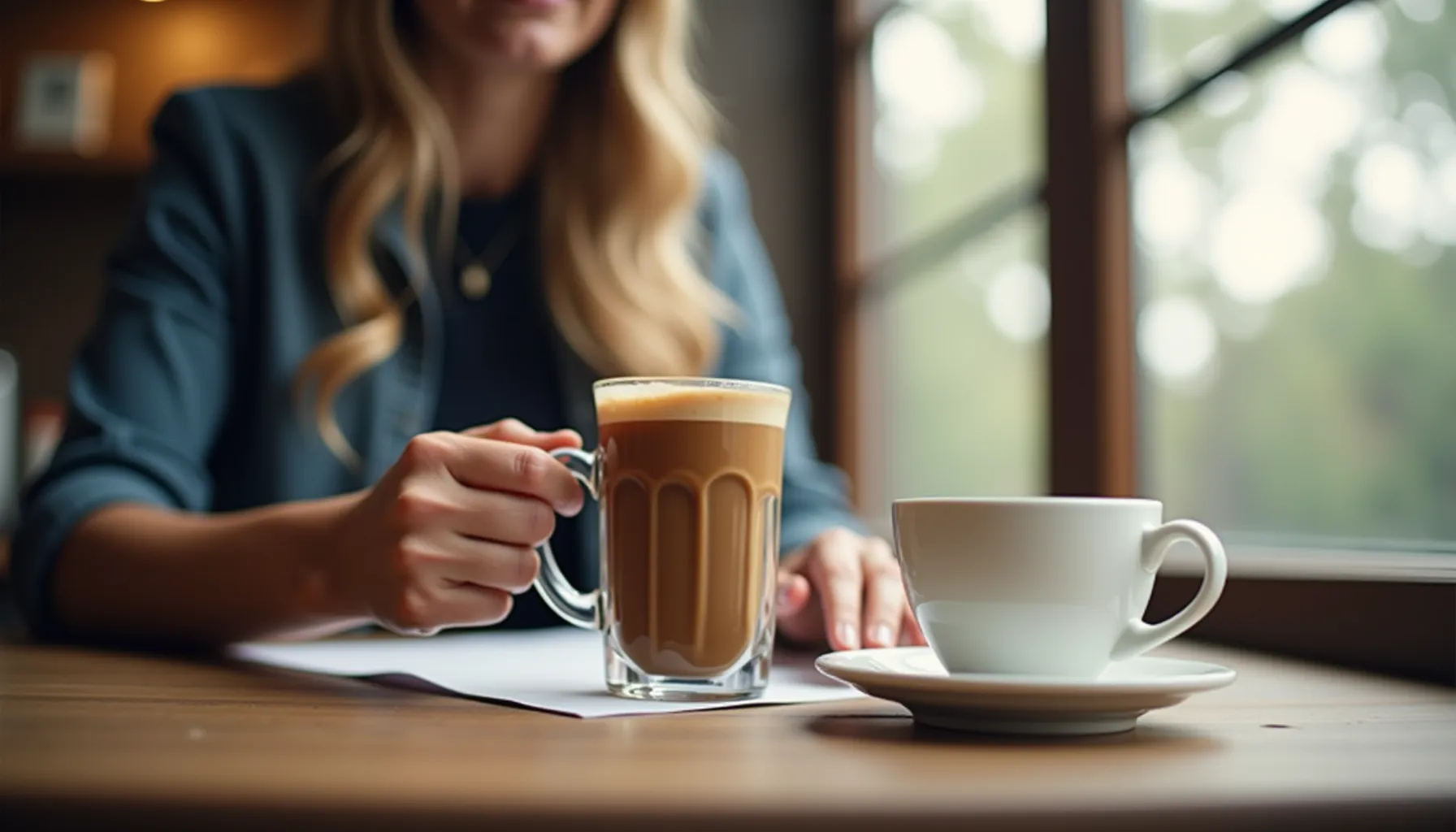 A person enjoys a cup of coffee while seated at a table at rowhome coffee.