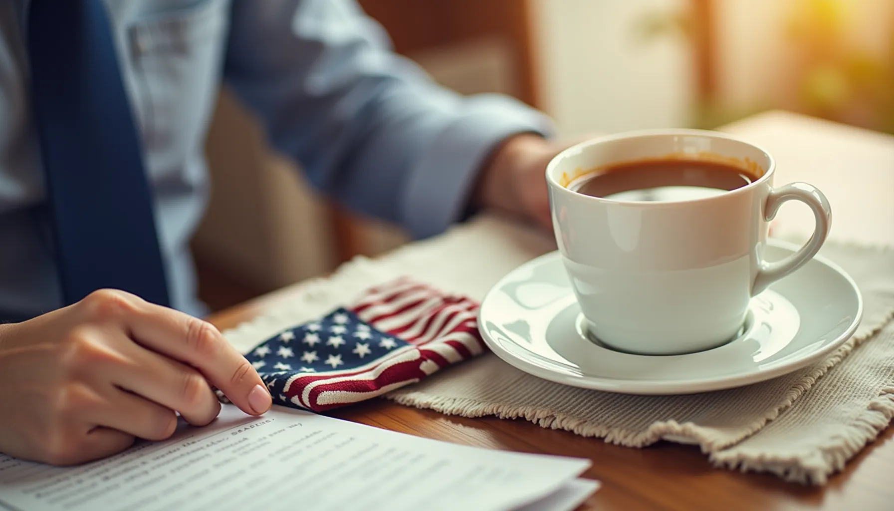 Close-up of a hand pointing at paperwork beside a coffee cup, featuring a black rifle coffee menu.