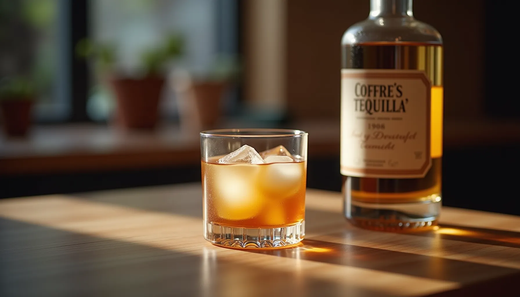 A glass of iced coffee with a bottle of coffee patron is displayed on a wooden table.