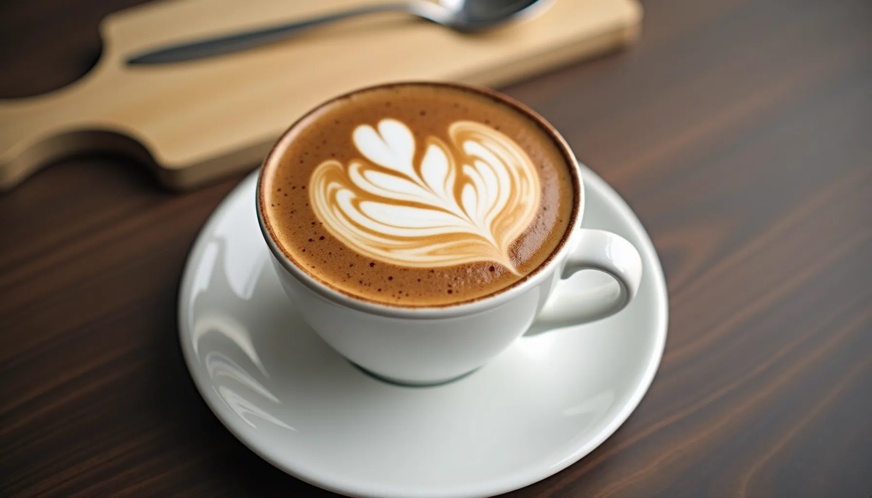 A beautifully crafted frosted coffee Chick-fil-A served in a white cup on a wooden table.