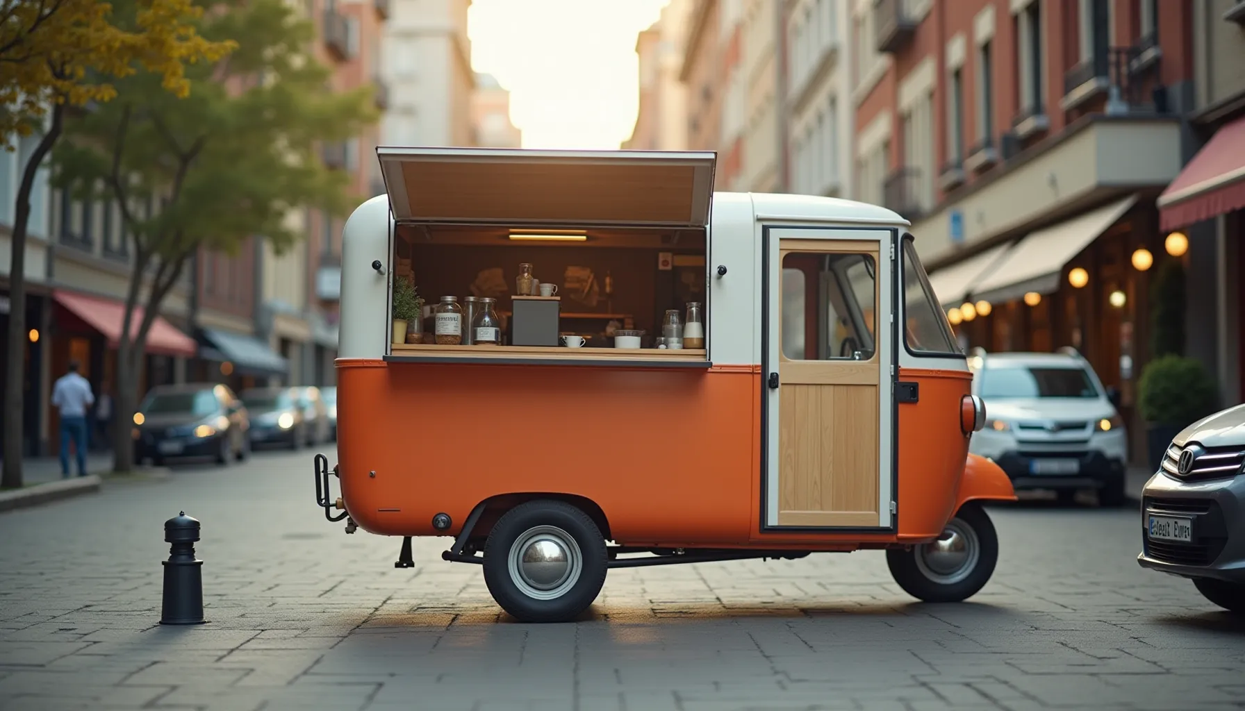 A vibrant coffee trailer is parked on a city street, ready to serve delicious beverages.