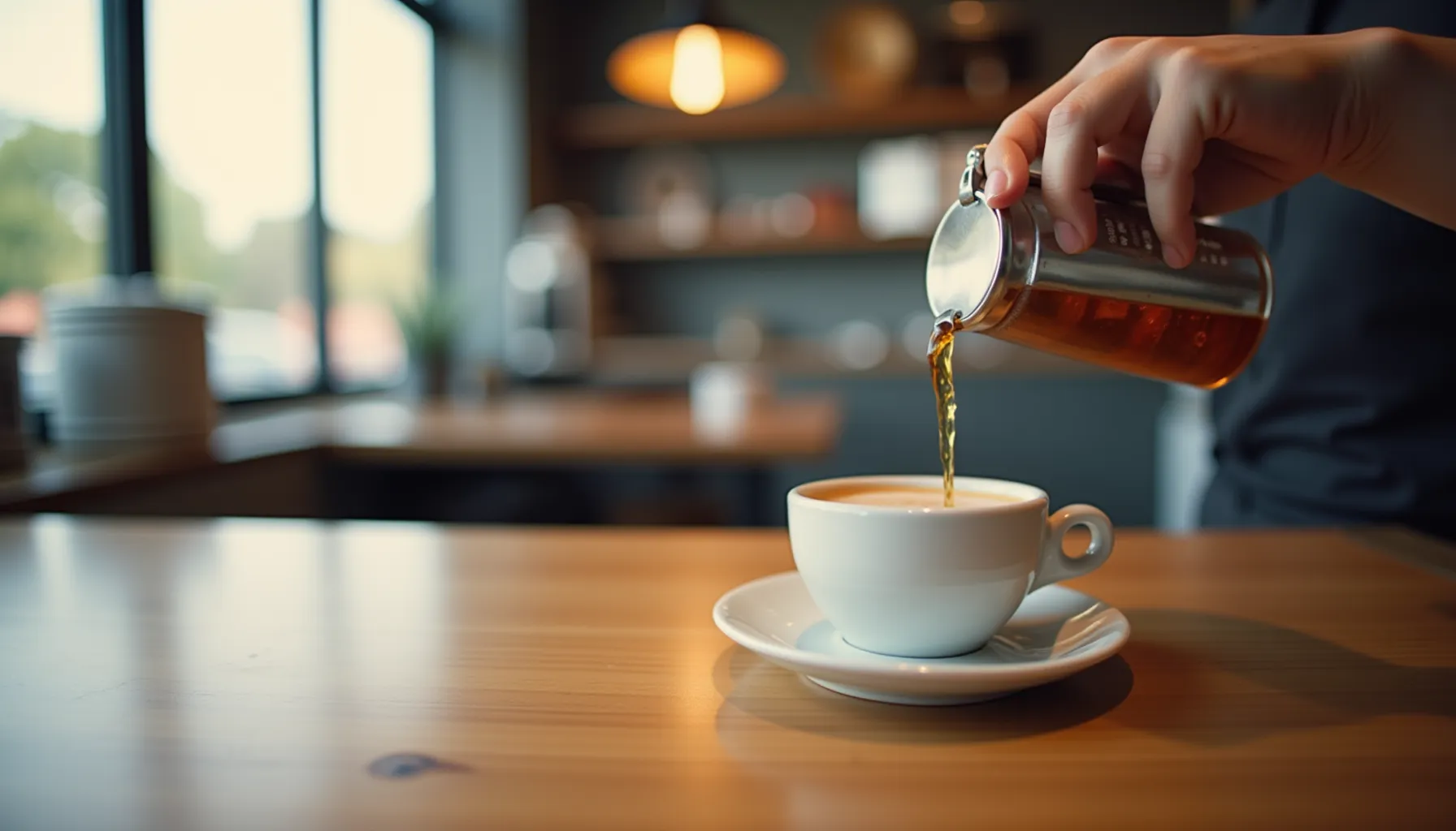 A hand pours coffee into a cup at one of the cozy coffee shops in Sacramento, highlighting the cafe atmosphere.