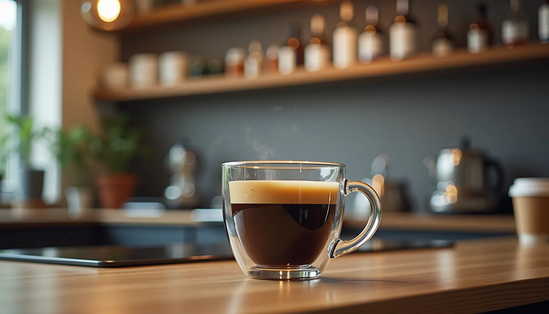 A steaming cup of coffee sits on a counter with various coffee shop equipment in the background.