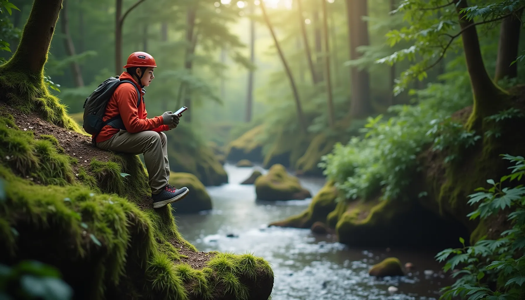 A person sits by a serene stream in general coffee state park, immersed in nature and technology.