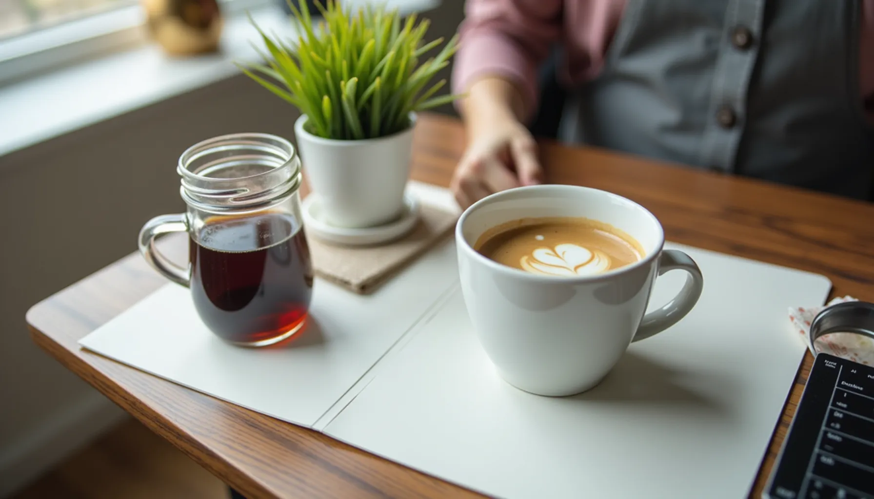 A cozy setting with coffee shop equipment including a latte and brewed coffee on a wooden table.