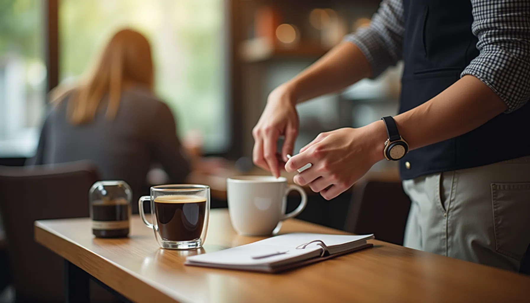 A barista prepares drinks at Bella Goose Coffee, showcasing the coffee-making process.