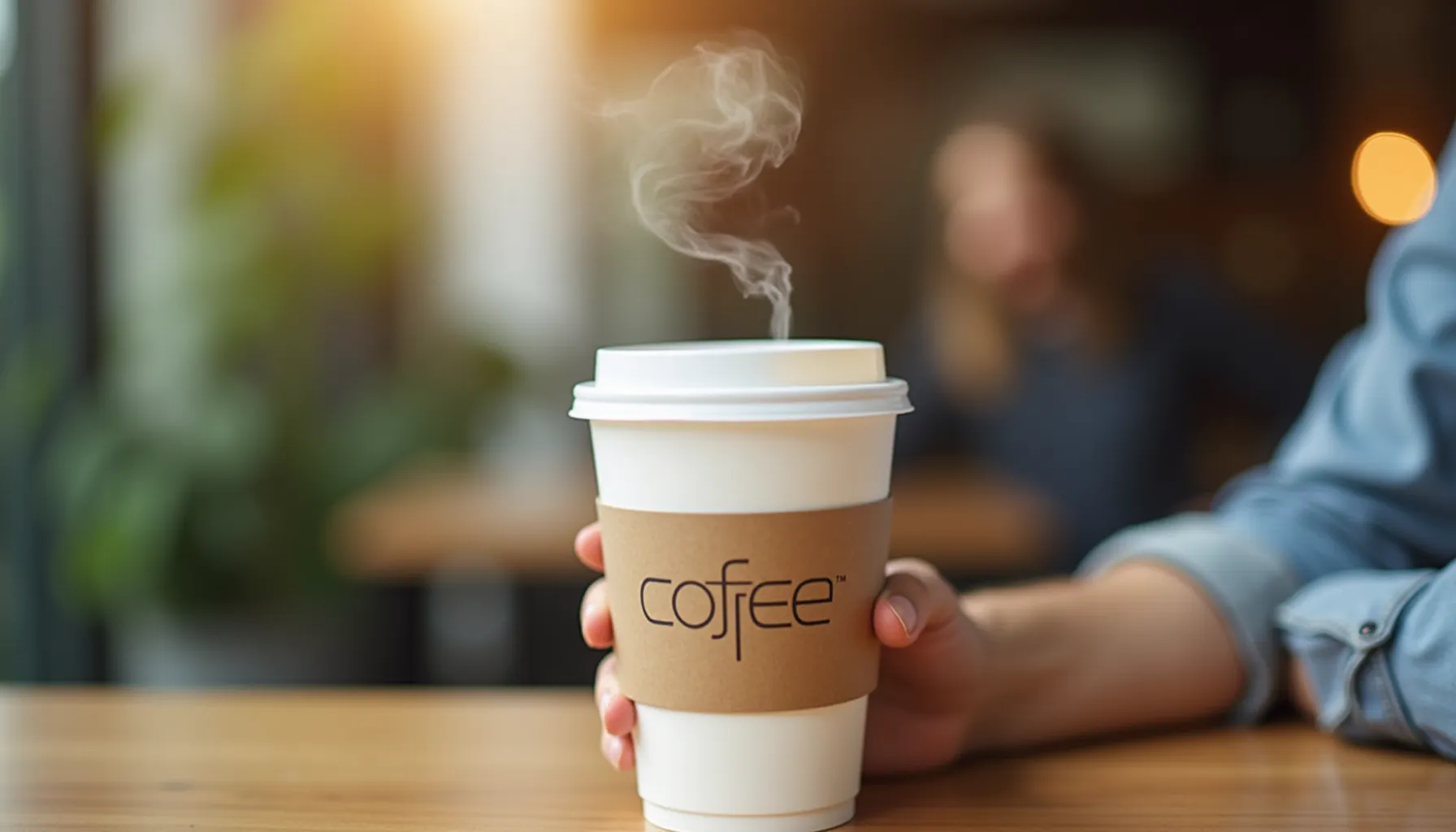 A hand holding a steaming coffee cup next to coffee pouches on a wooden table.