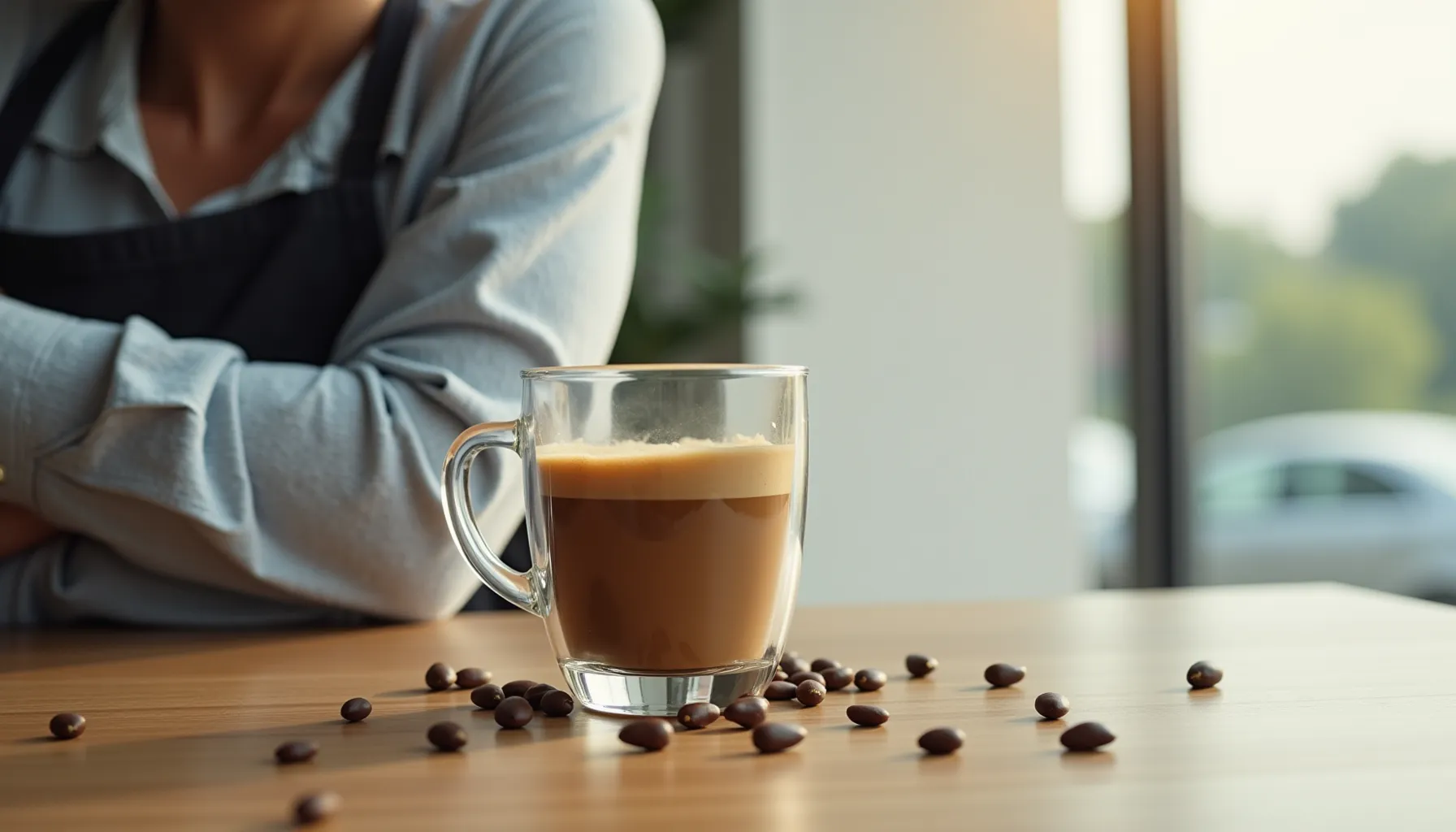 A barista enjoys a coffee drink, highlighting emerging coffee trends with beans scattered around.