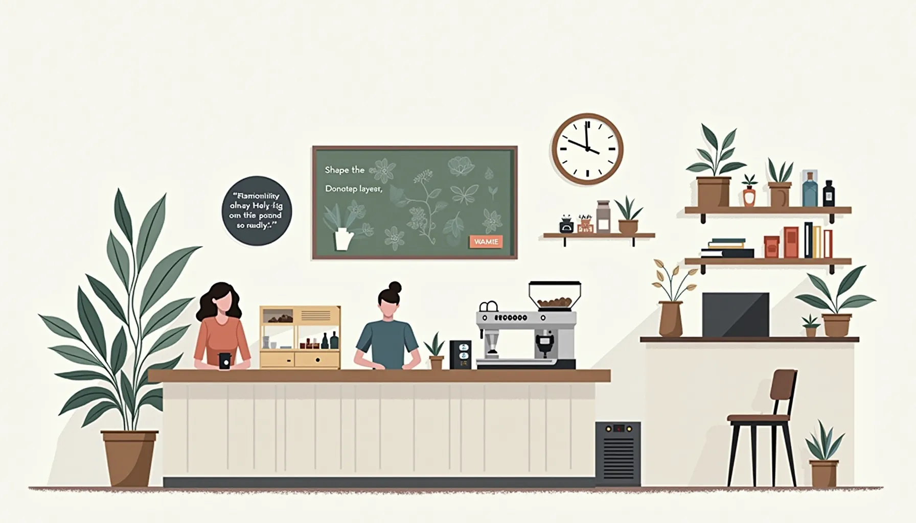 A cozy coffee shop scene featuring baristas preparing drinks at Boomtown Coffee, surrounded by plants.