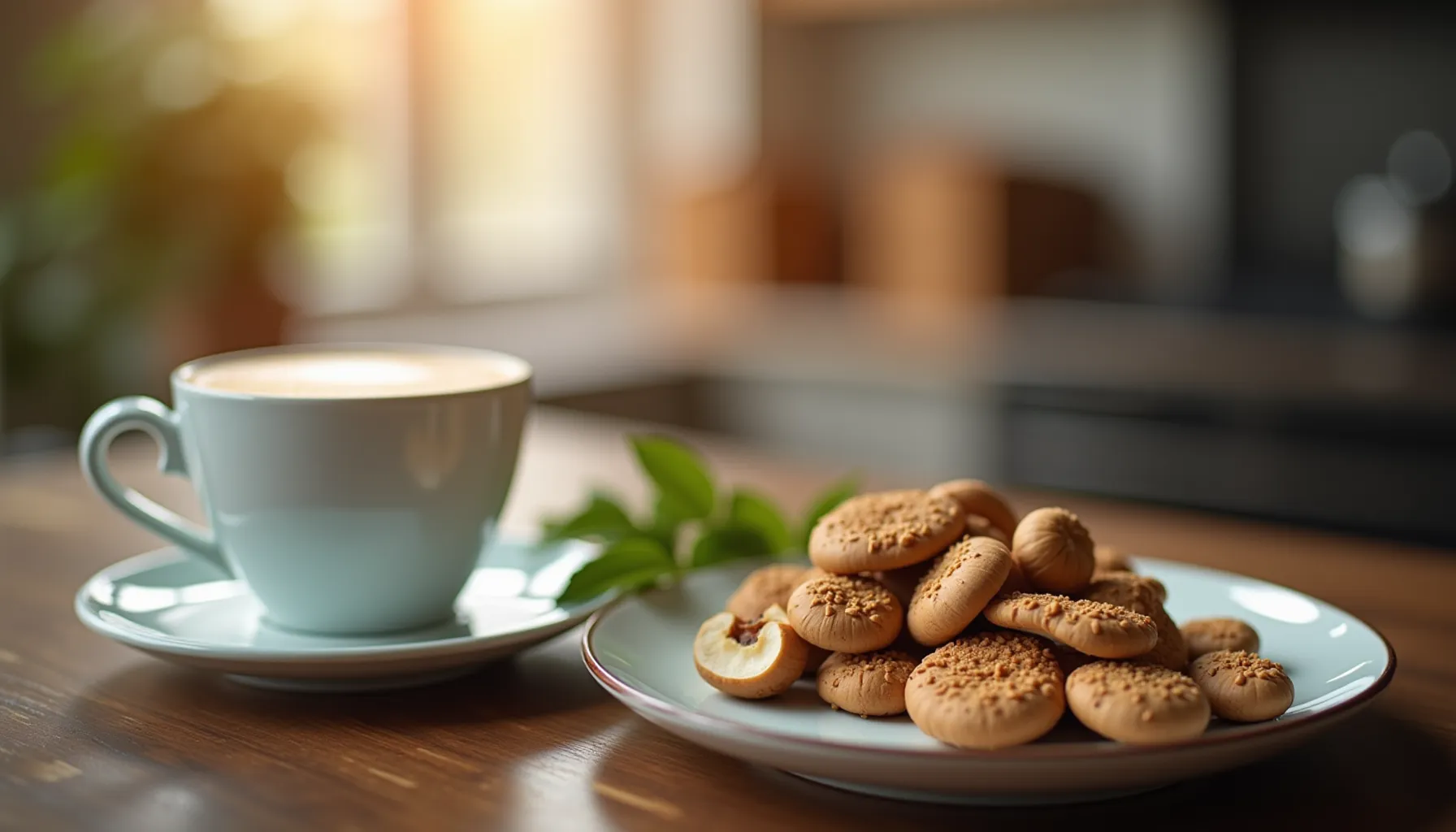 A cup of ryze coffee beside a plate of cookies on a wooden table, creating a cozy scene.