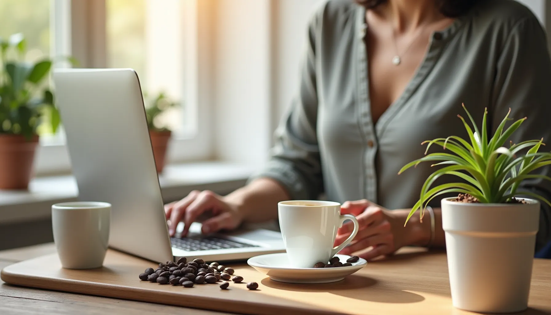 A cozy workspace featuring coffee and plants on a wooden table beside a laptop.