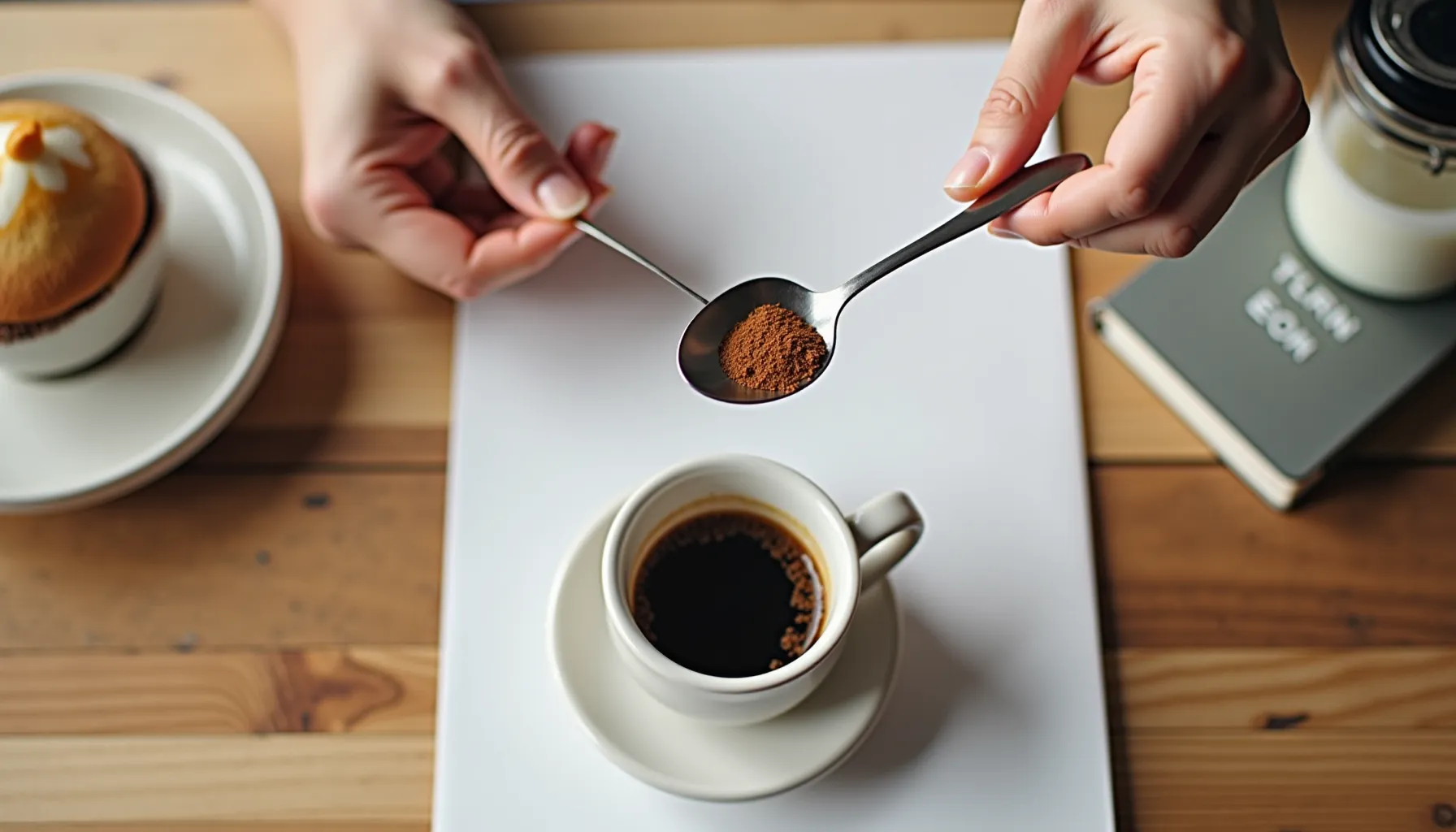 A person prepares coffee at the ministry of coffee, measuring ground coffee above a cup.