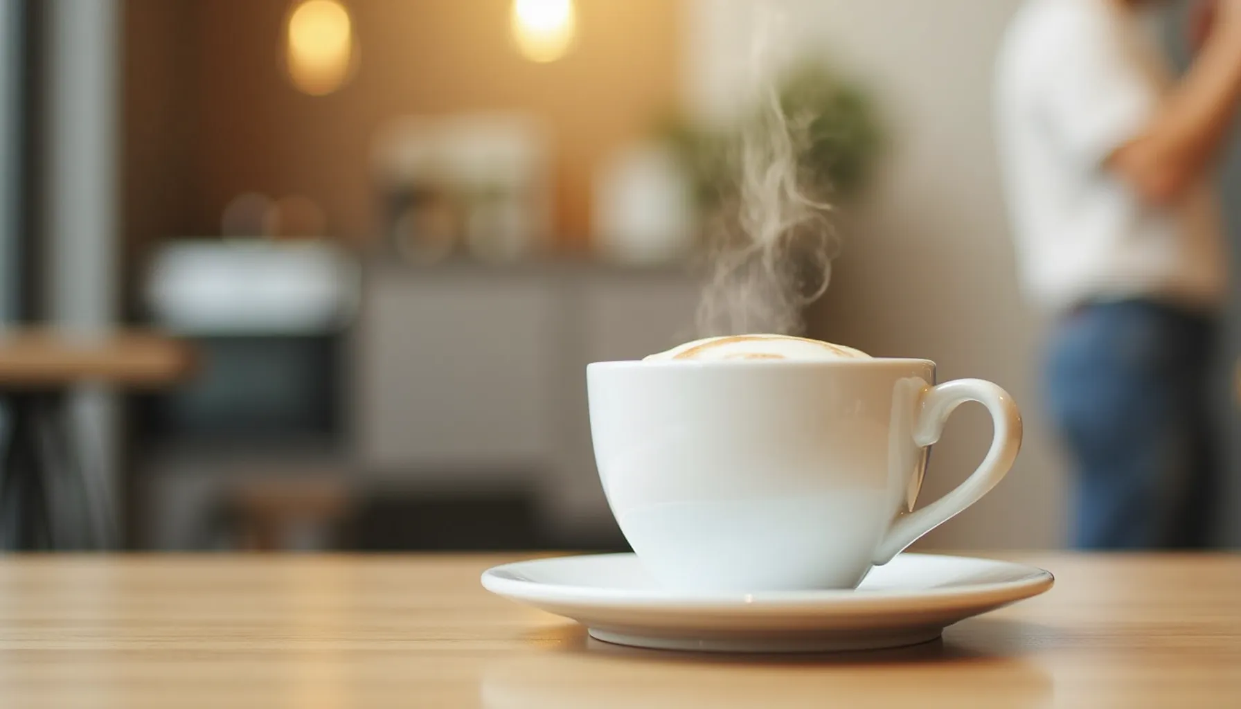 A steaming cup of rowhome coffee sits on a wooden table, inviting and cozy in a cafe setting.