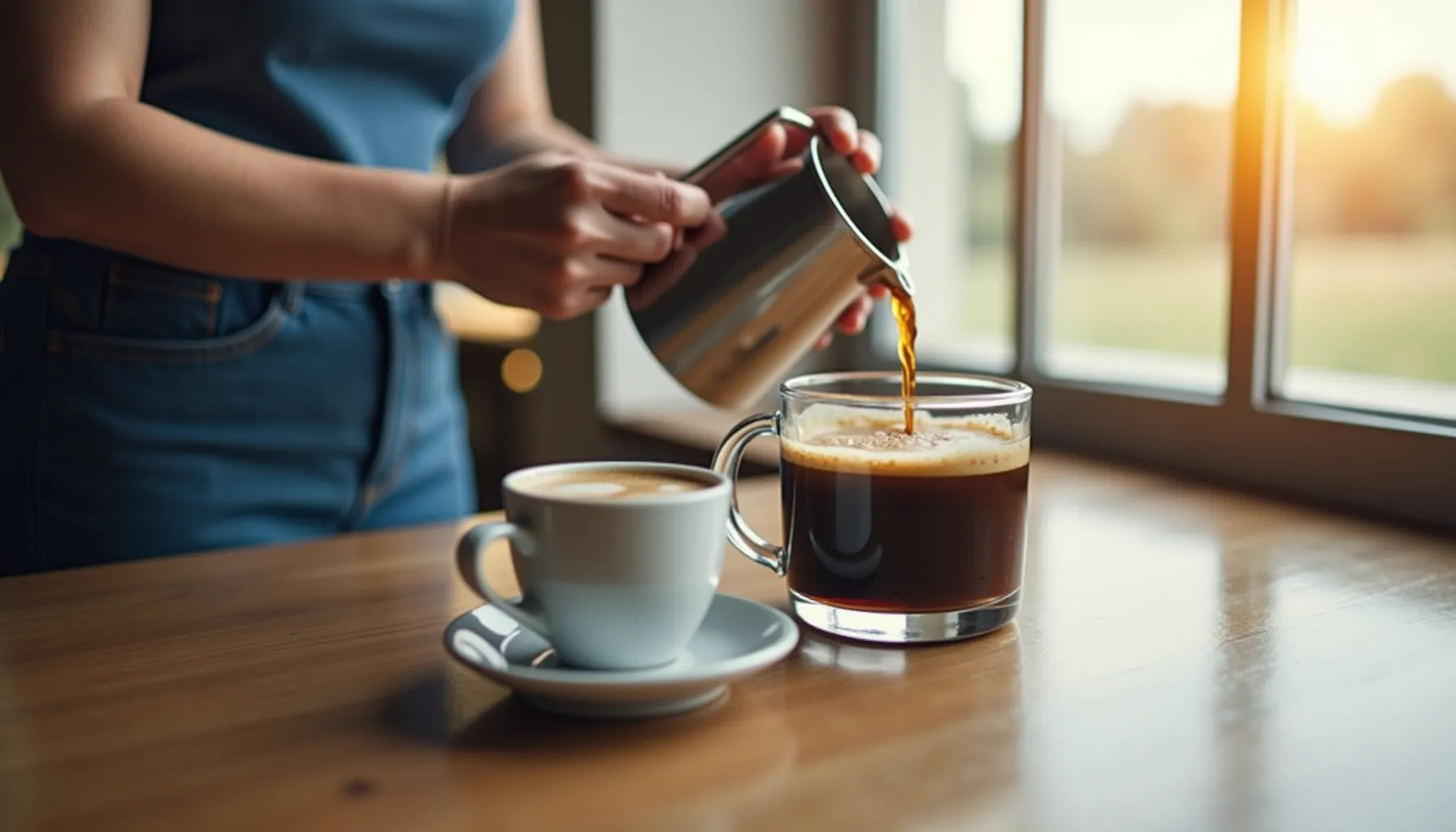 A person pours coffee into a glass, showcasing the best coffee brand alongside a cup.