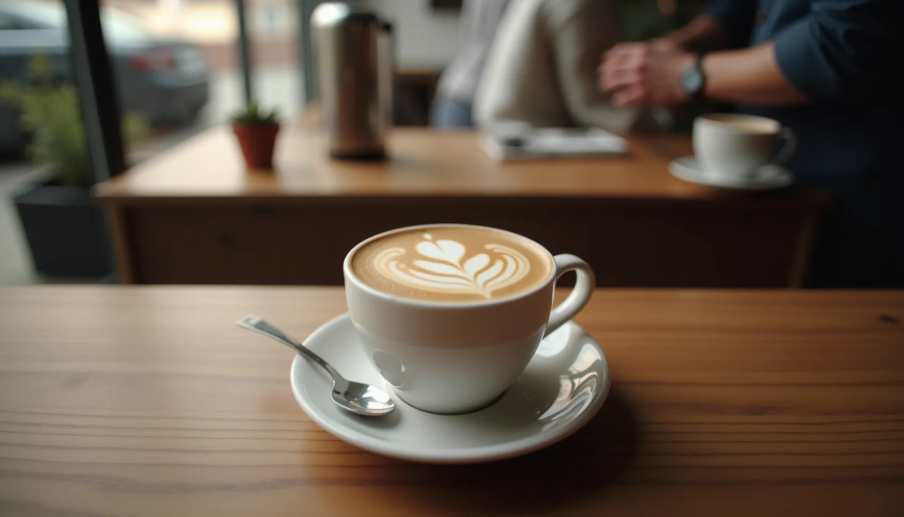 A beautifully crafted latte sits on a wooden table at Tully's Coffee, showcasing intricate foam art.