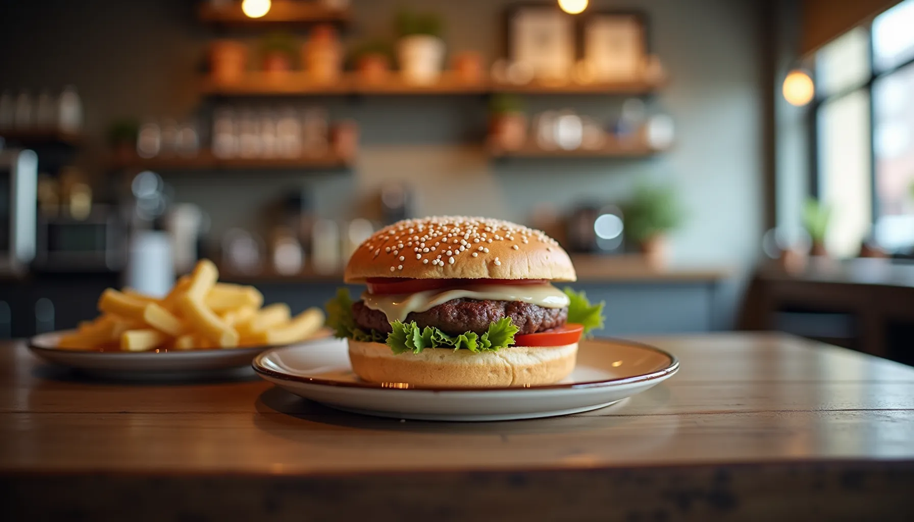 A delicious burger and fries served with a drink from Nina's Coffee in a cozy café setting.