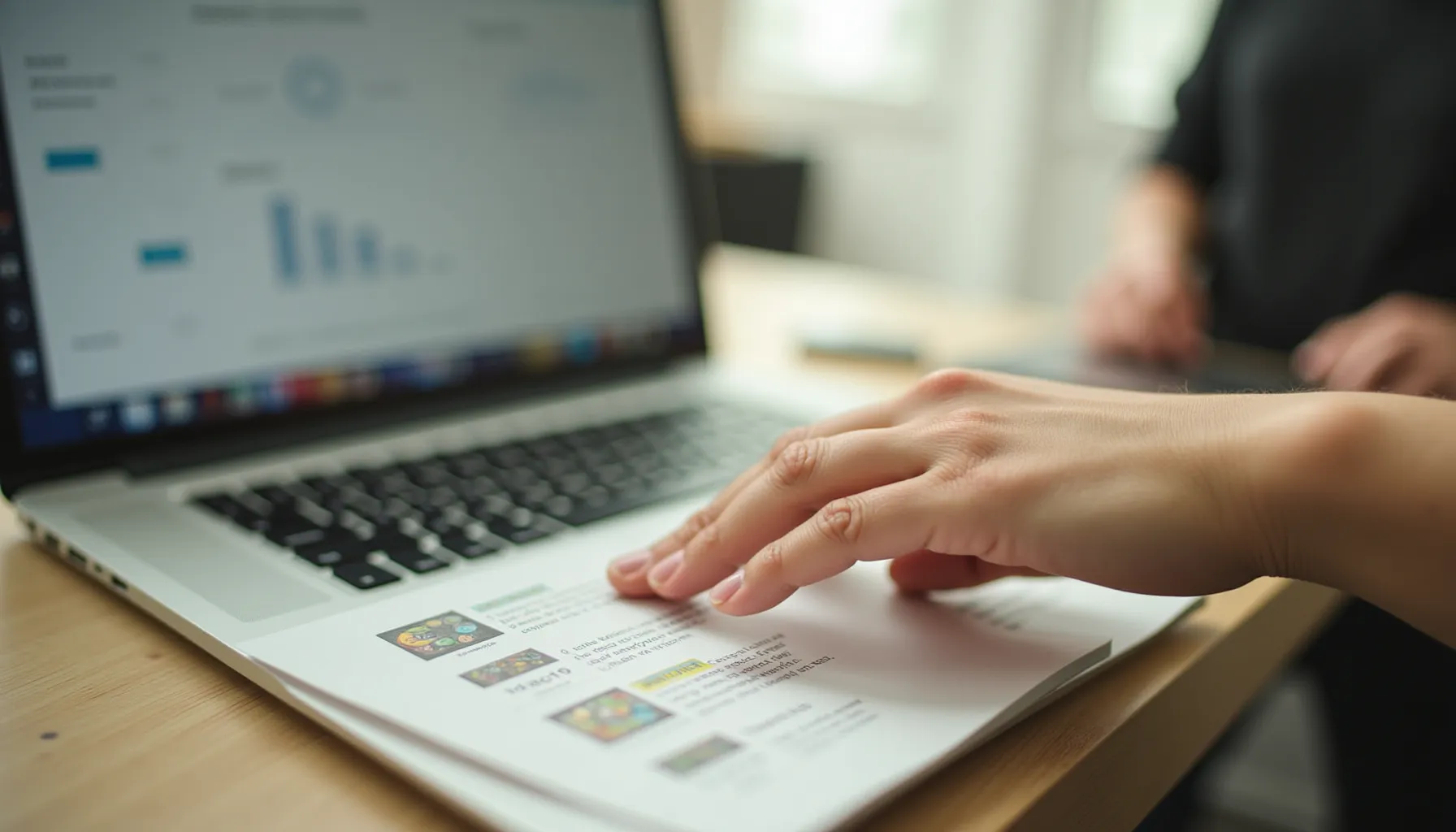 A person reviews documents and data on a laptop about mostra coffee while working.