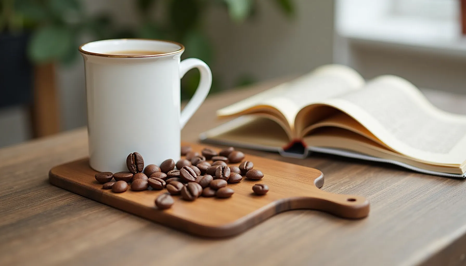 A steaming cup of pinon coffee sits on a wooden board with coffee beans, beside an open book.