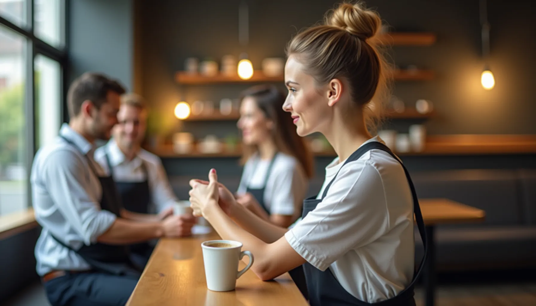 A barista at a cafe discusses coffee pouches with her colleagues while sipping coffee.