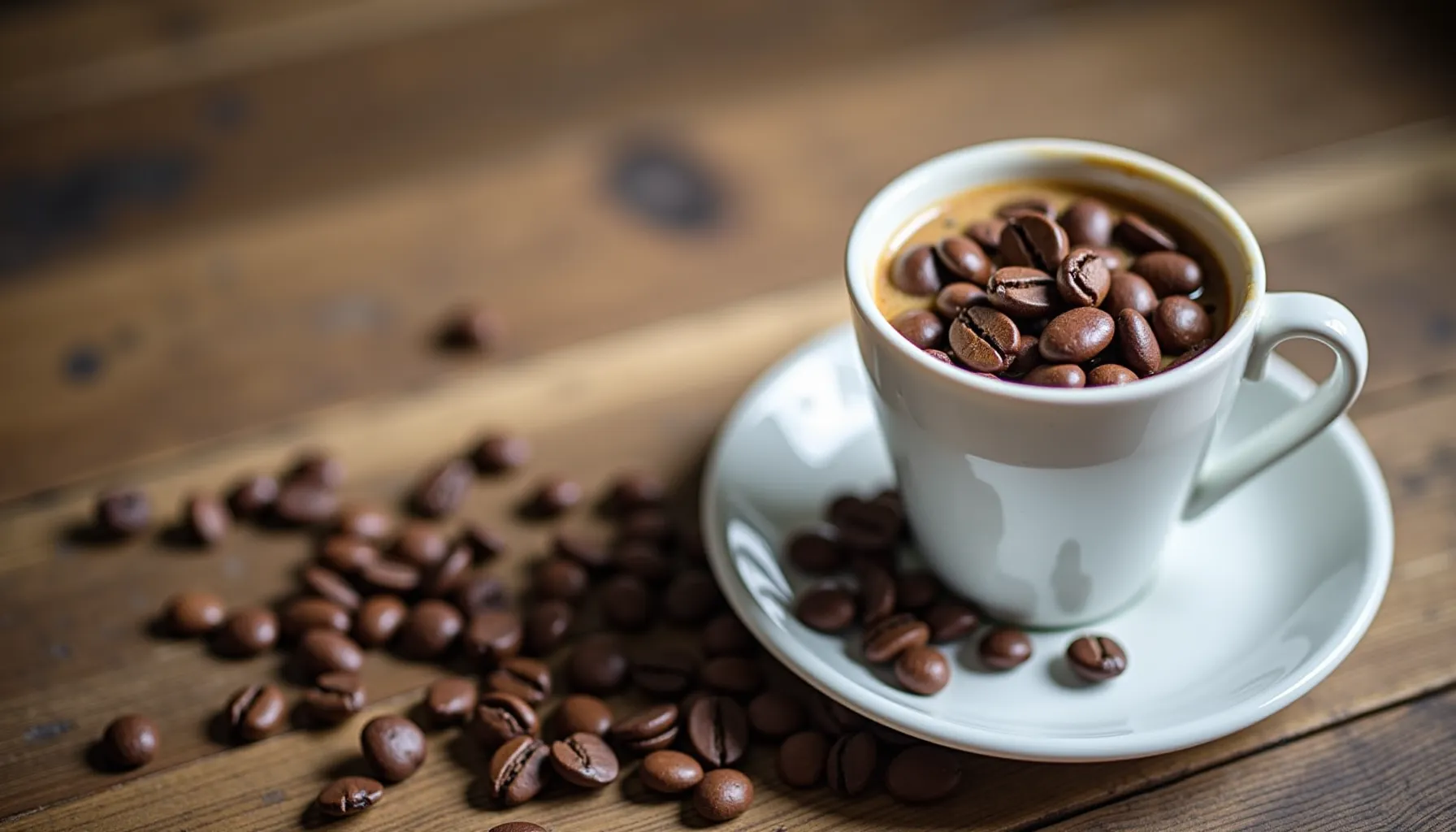 A cup of Austins coffee topped with fresh coffee beans, set on a wooden table.