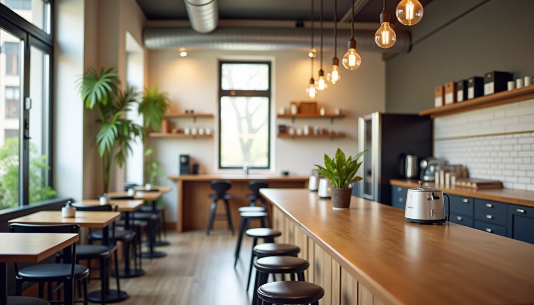 A modern cafe interior featuring stylish decor and vibrant cafe art on the walls.