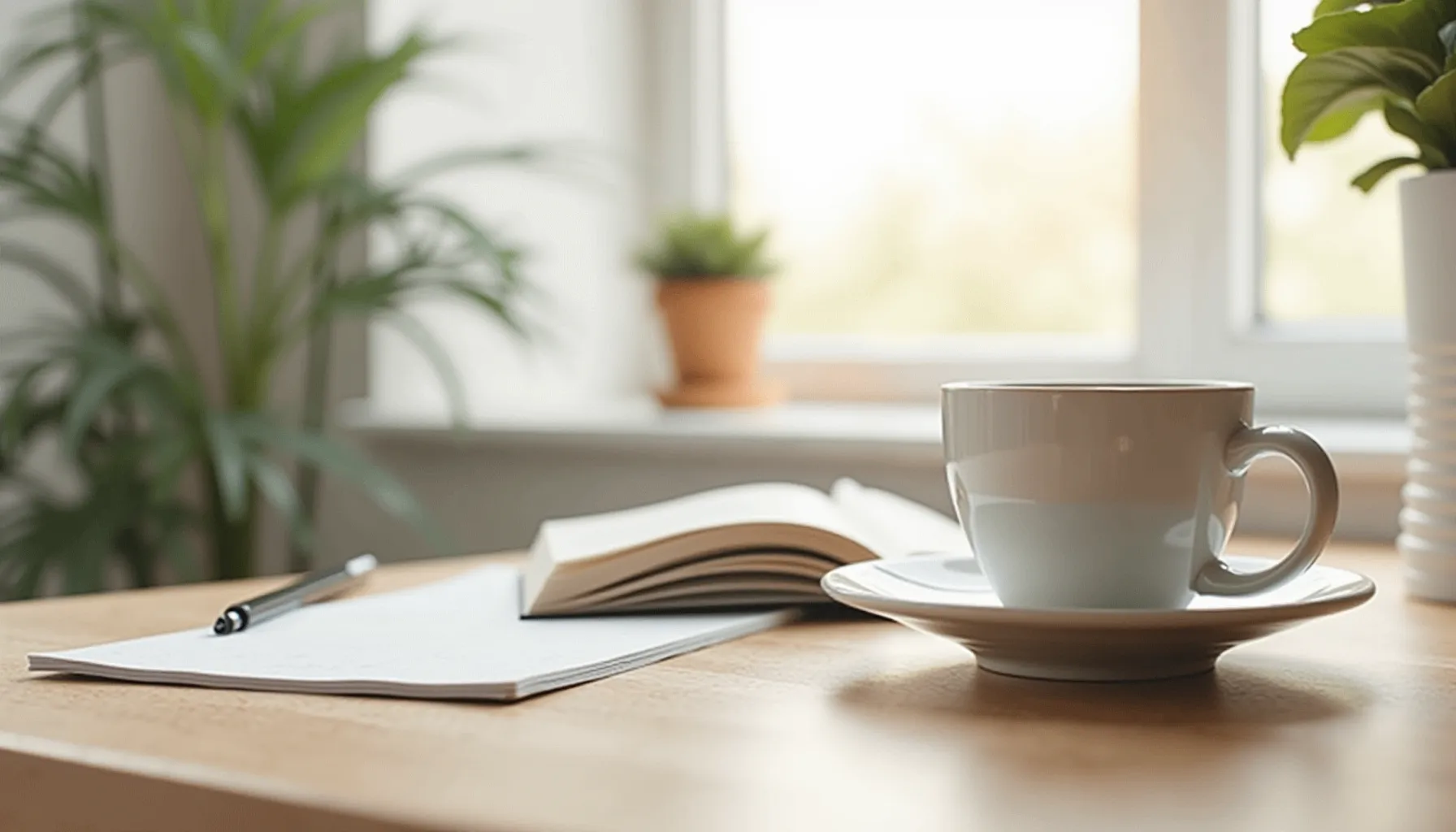 A cup of dark matter coffee rests on a wooden table beside a notebook and plant.