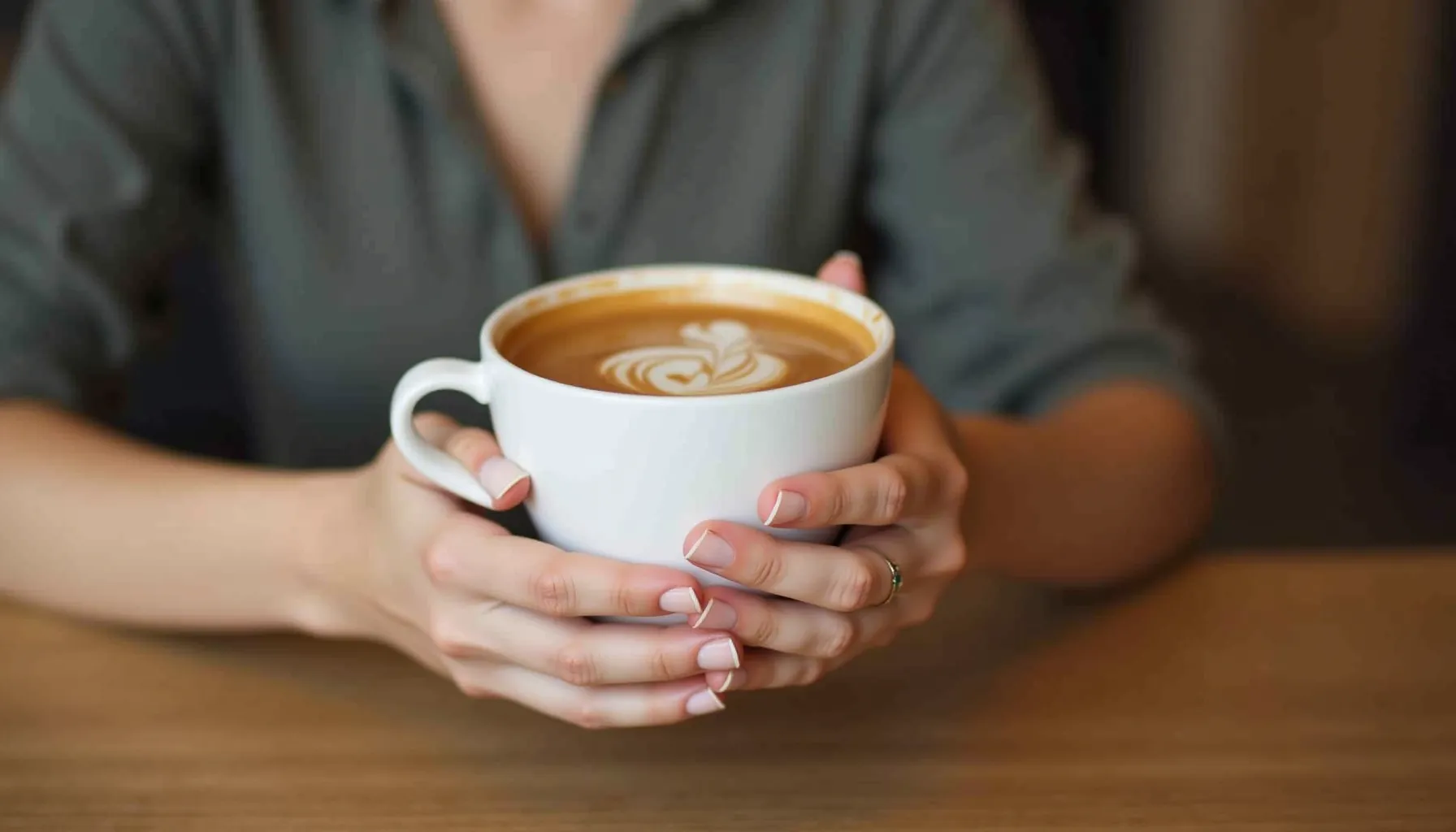 A person holds a warm cup of fount coffee with beautiful latte art on top, enjoying a cozy moment.