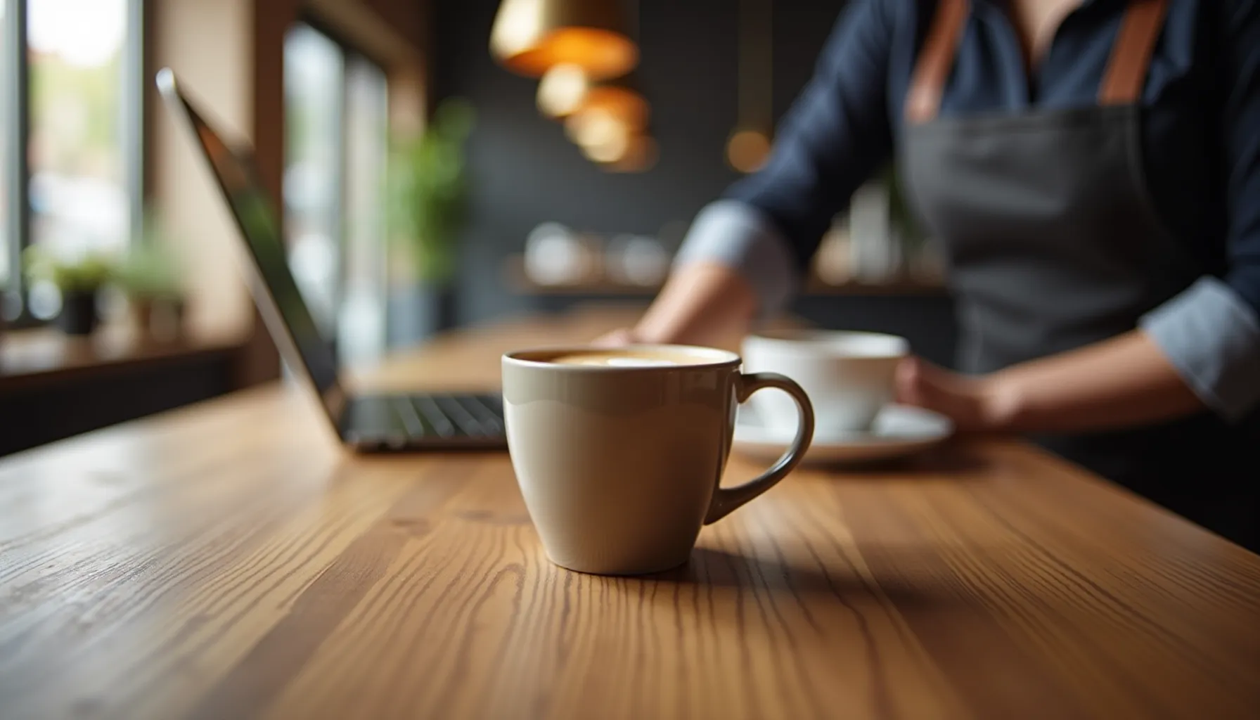 A cup of rad coffee sits on a wooden table, with a barista working in the background.