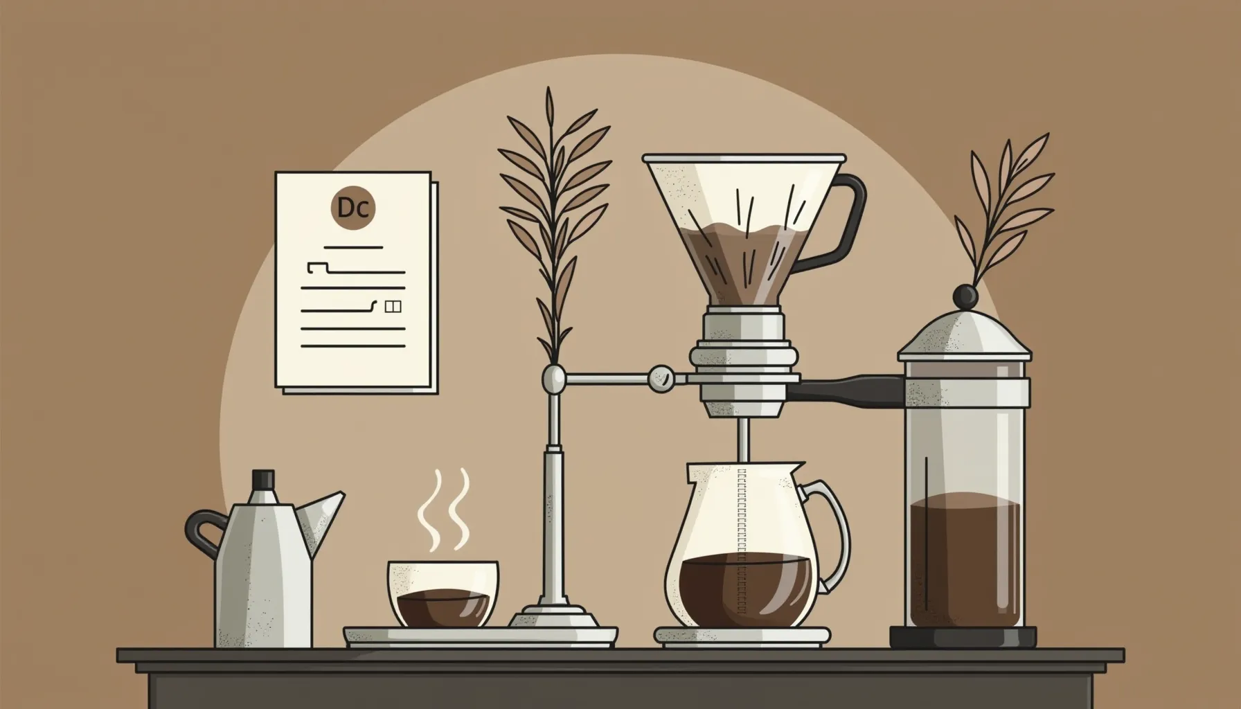 An artistic depiction of a farberware coffee pot alongside coffee brewing equipment.