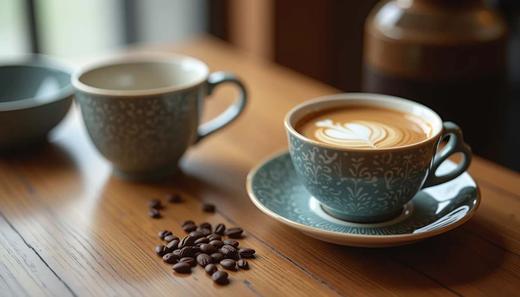 Two beautifully crafted cups of geisha coffee sit on a wooden table, accompanied by coffee beans.