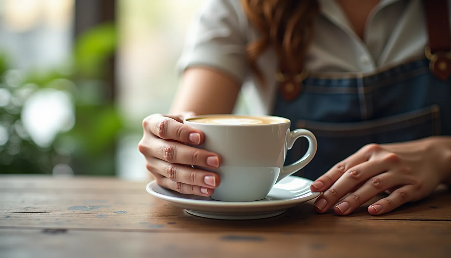 A person holds a cup of latte on a saucer, showcasing the rich aroma of 10000 coffee.