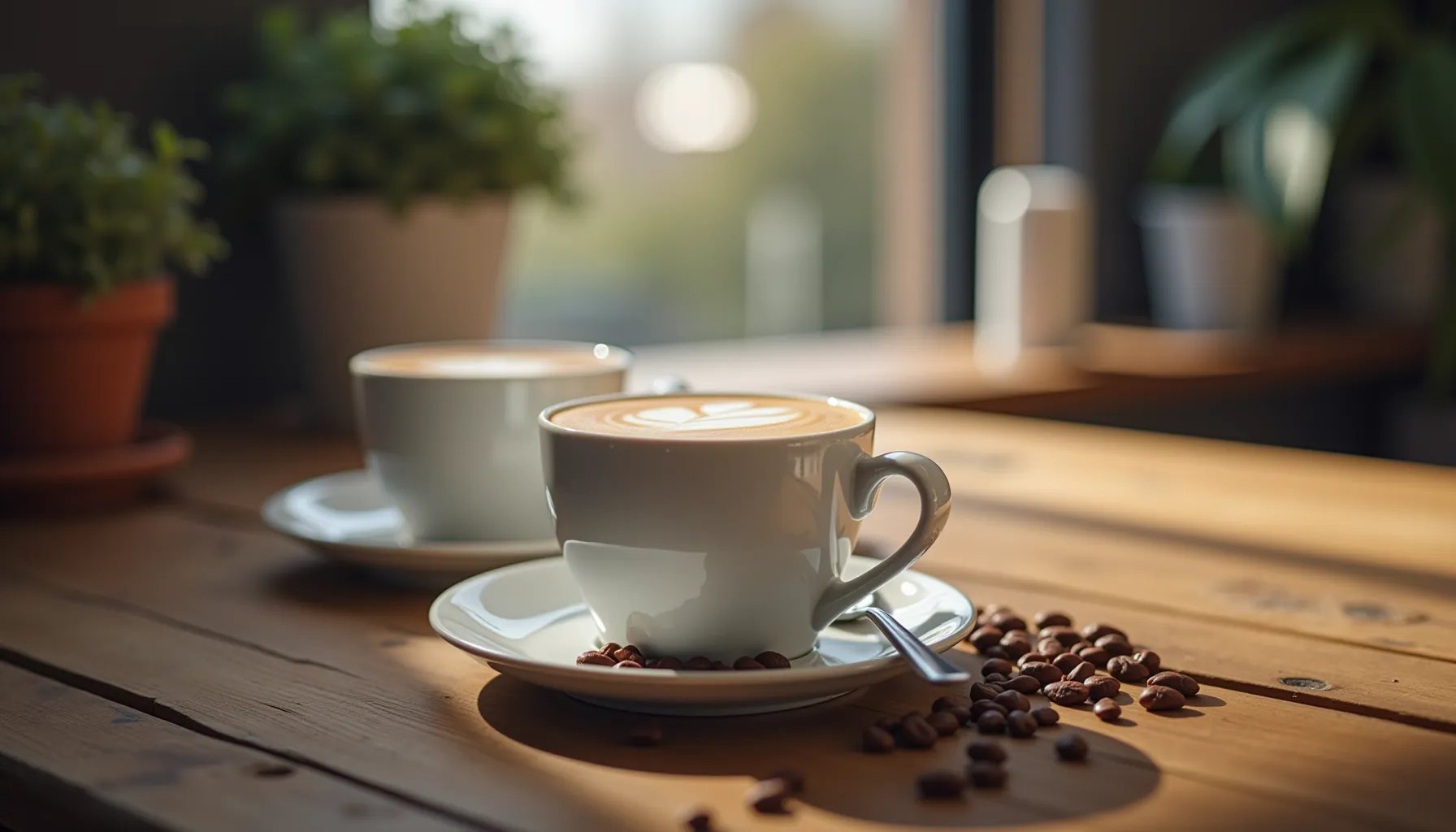 Two cups of wide awake coffee sit on a wooden table surrounded by coffee beans and plants.