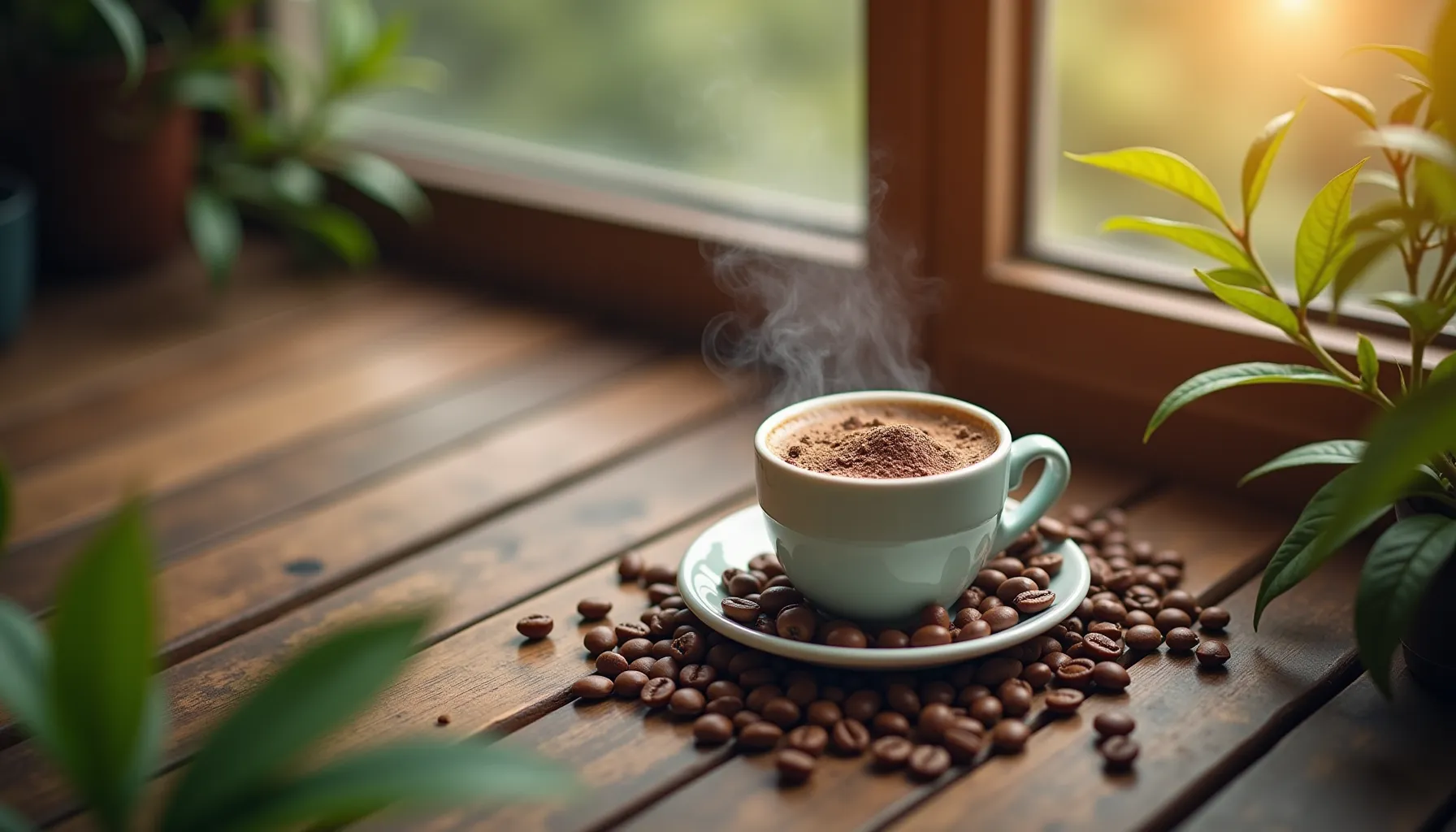 Coffee cup surrounded by beans in a bright setting illustrating coffee shop trends 2025.