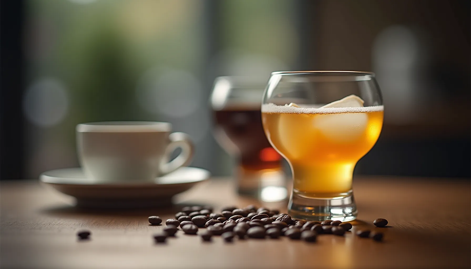 A glass of rebel hard coffee with ice sits next to a cup of coffee on a wooden table.