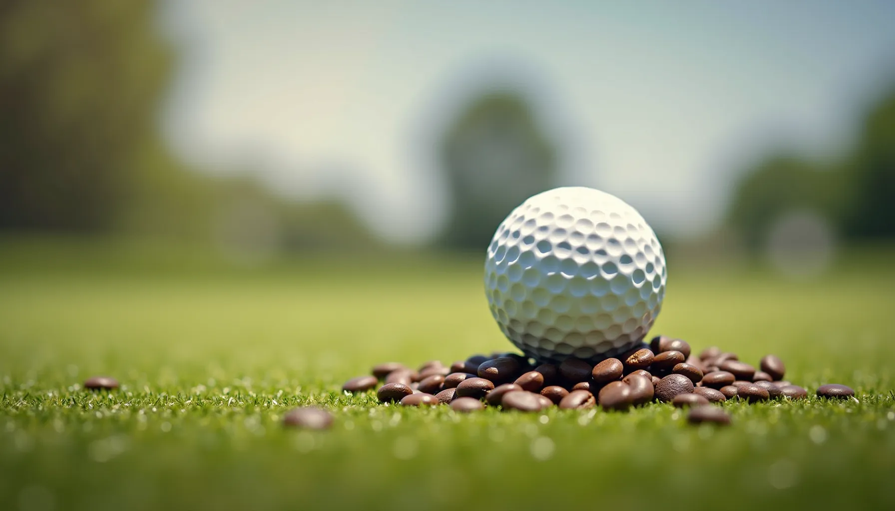 A golf ball rests atop coffee beans on green grass, evoking ryders cup coffee vibes.