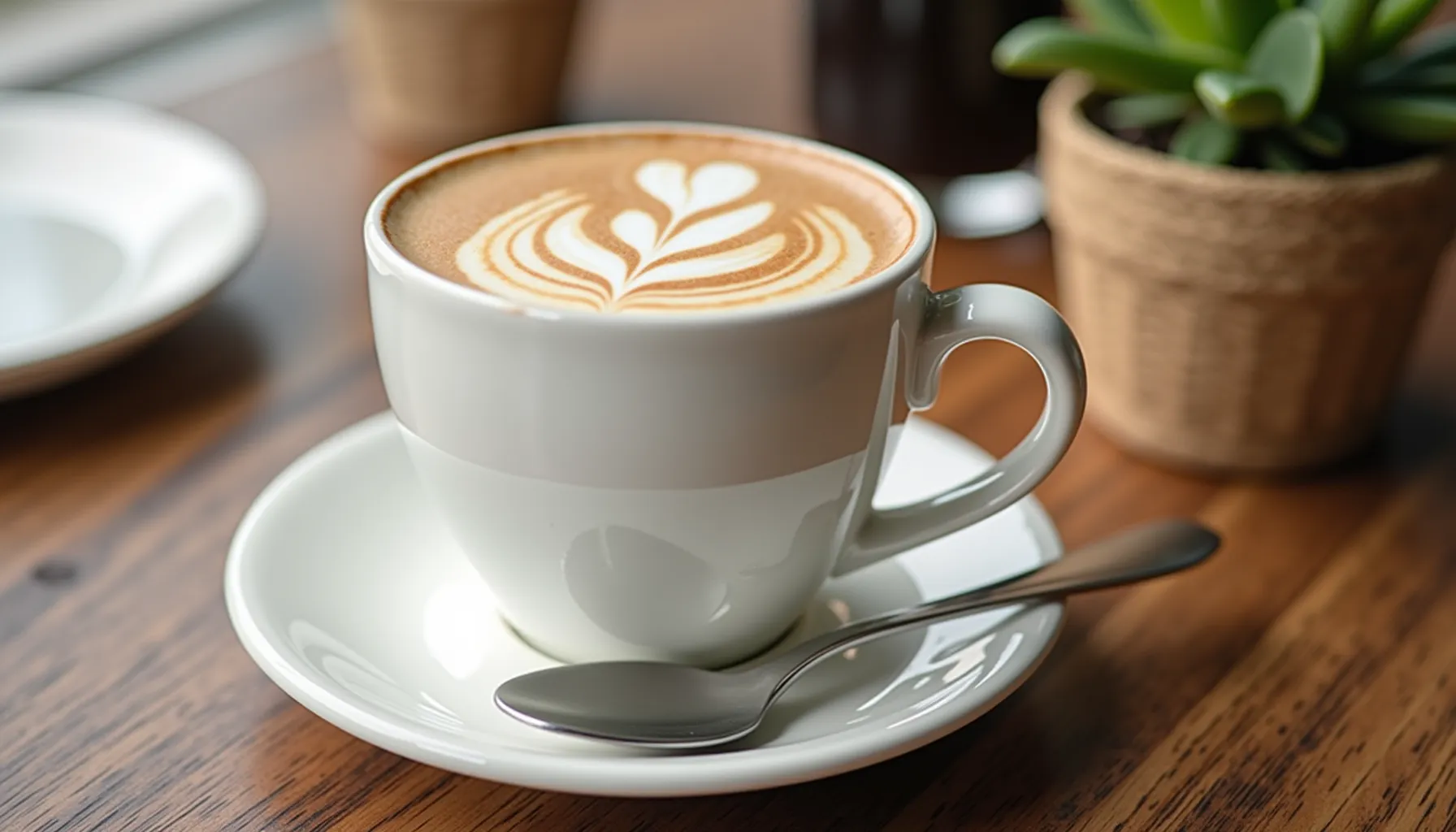 A beautifully crafted cup of coffee in Spanish sits on a saucer, accented by a spoon.