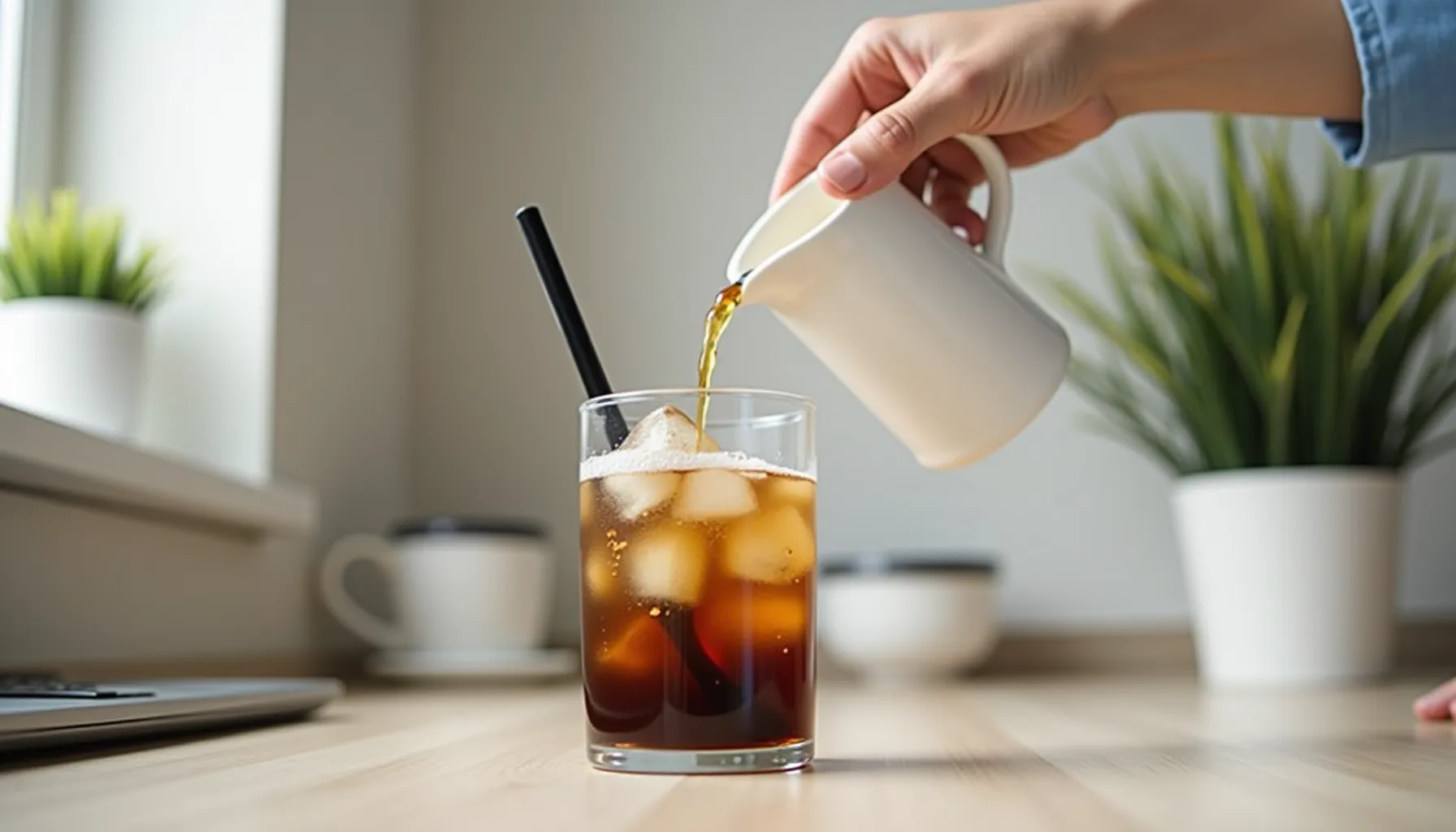 A person pours coffee into a glass filled with ice, demonstrating how to make iced coffee with Keurig.